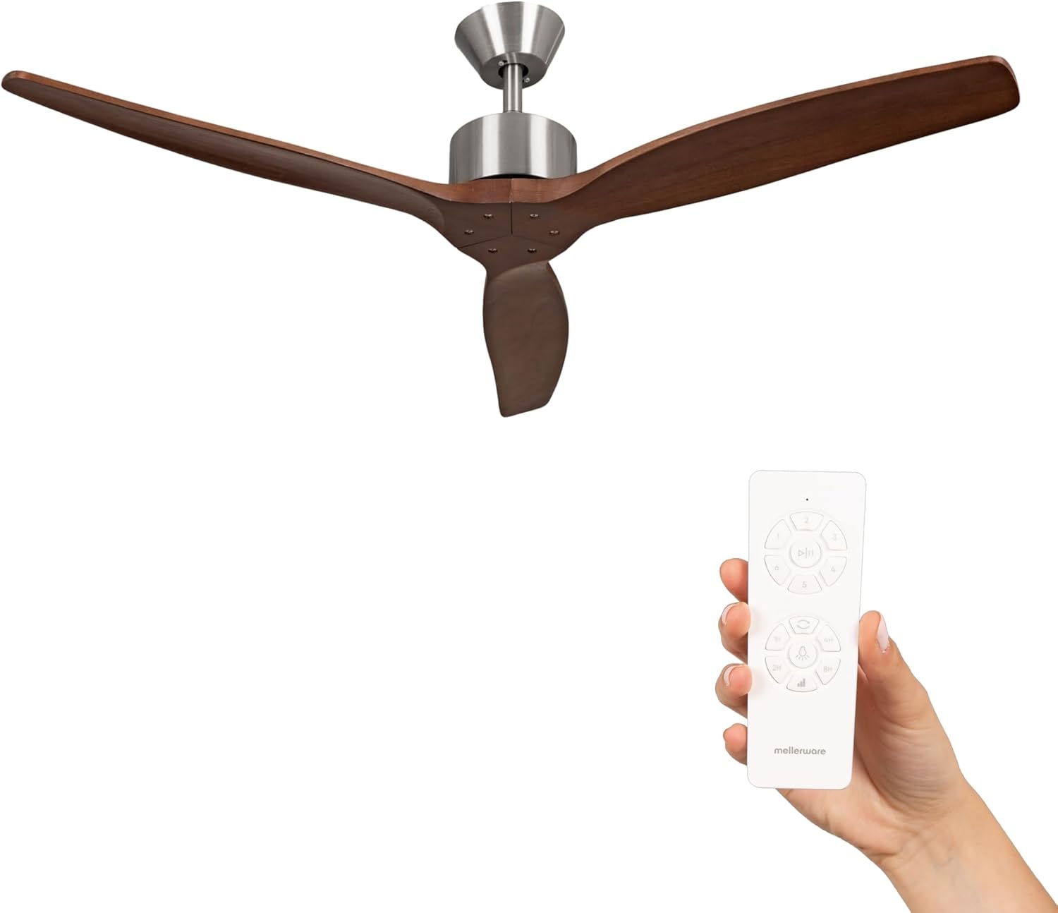 Mellerware - Ventilateur de plafond avec télécommande Brizy! 45W | Puissant | Ultra silencieux | 3 lames | Diamètre 132cm | 6 vitesses | Refroidissement + LED intégrée | Bois foncé