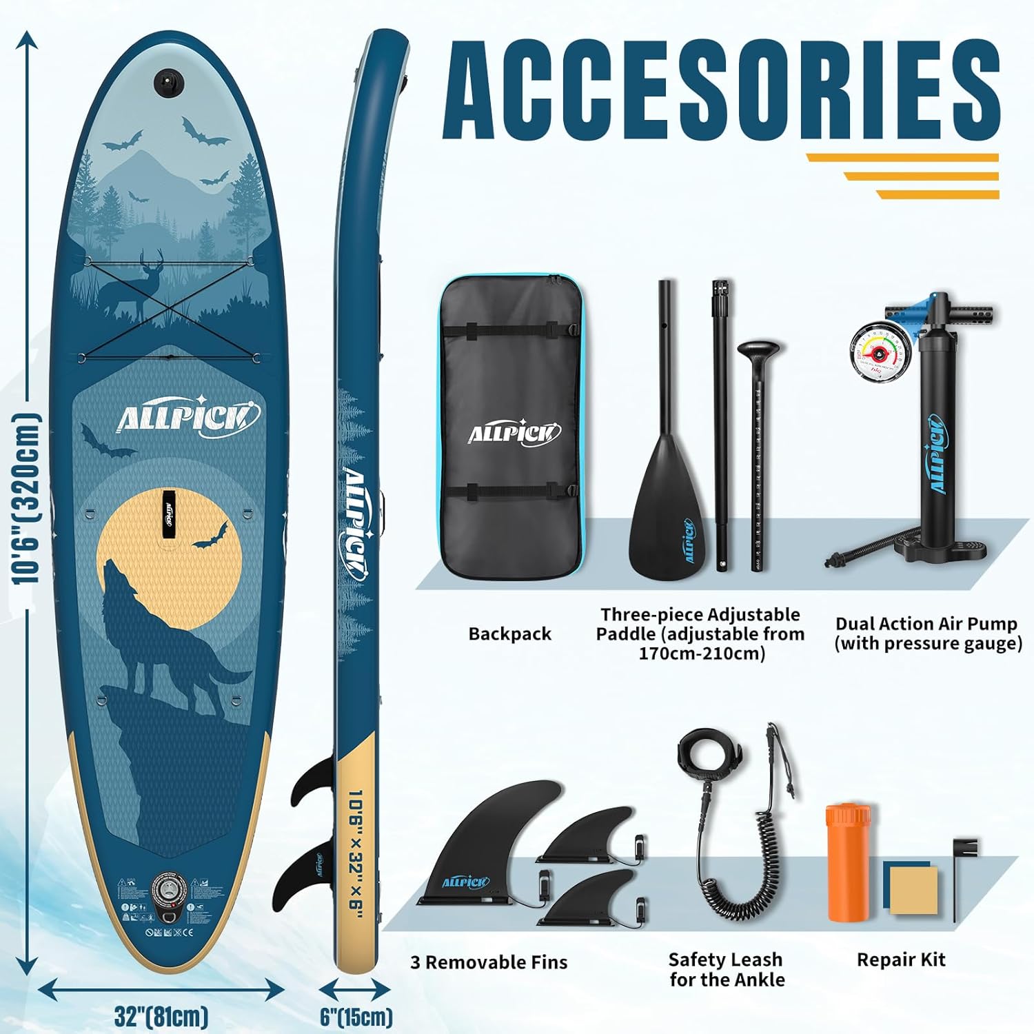 ALLPICK - paddle gonflable - 320cm - pagaie réglable, support caméra, 200kg