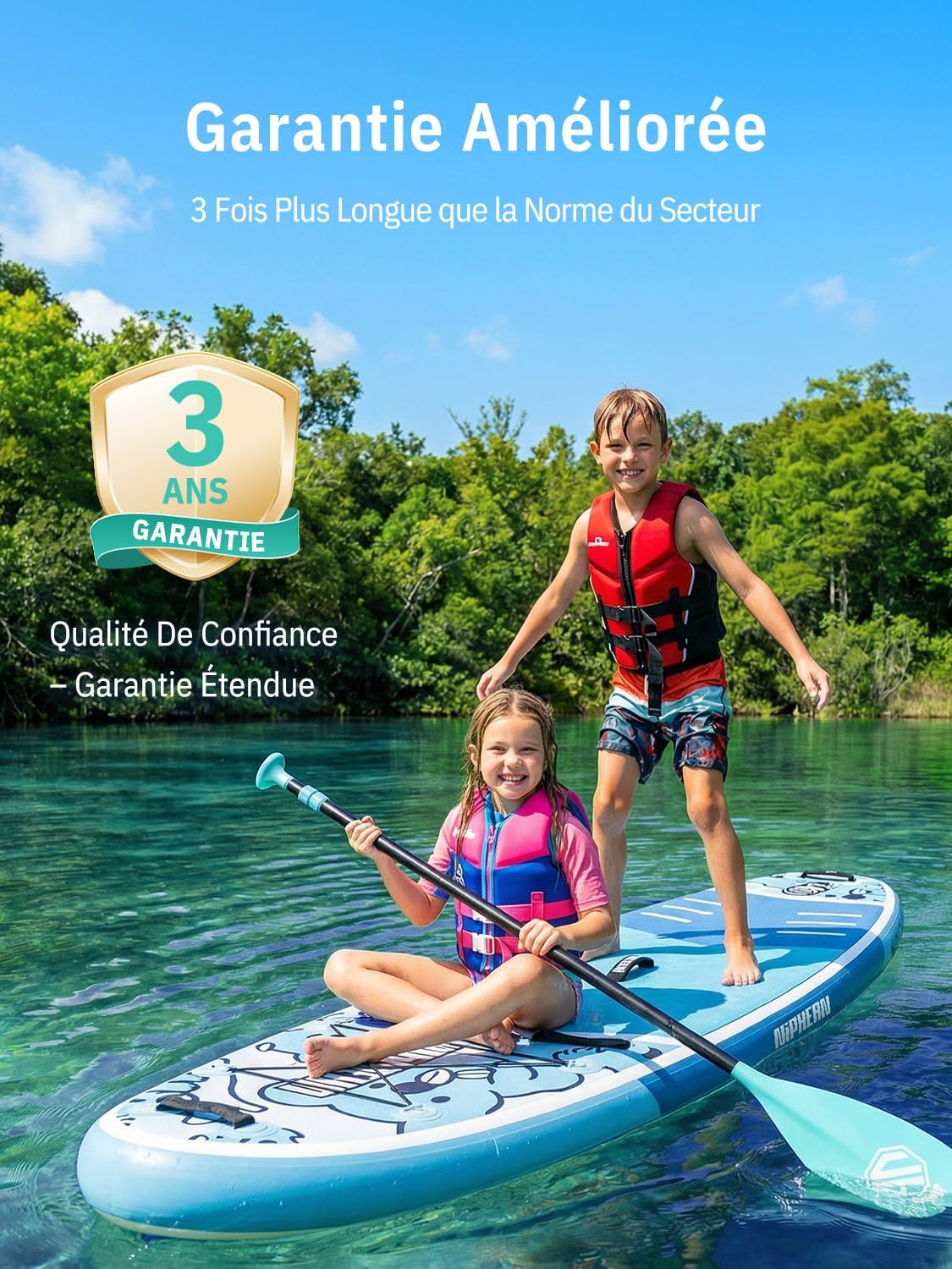 Niphean Extra Large Paddle Gonflable, Sup à 2+1 Personnes/Famille, Planches de Stand Up Paddle Gonflables avec (Idéal Débutant) Aileron Équilibré, Housse Étanche, Paddle Gonflable Adulte, Cadeaux