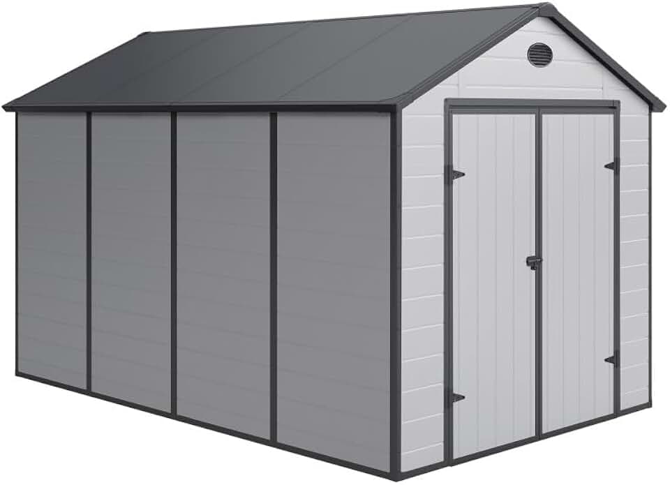 Jôbu - abri de jardin résine gris 8,9m², double pente, kit fondation