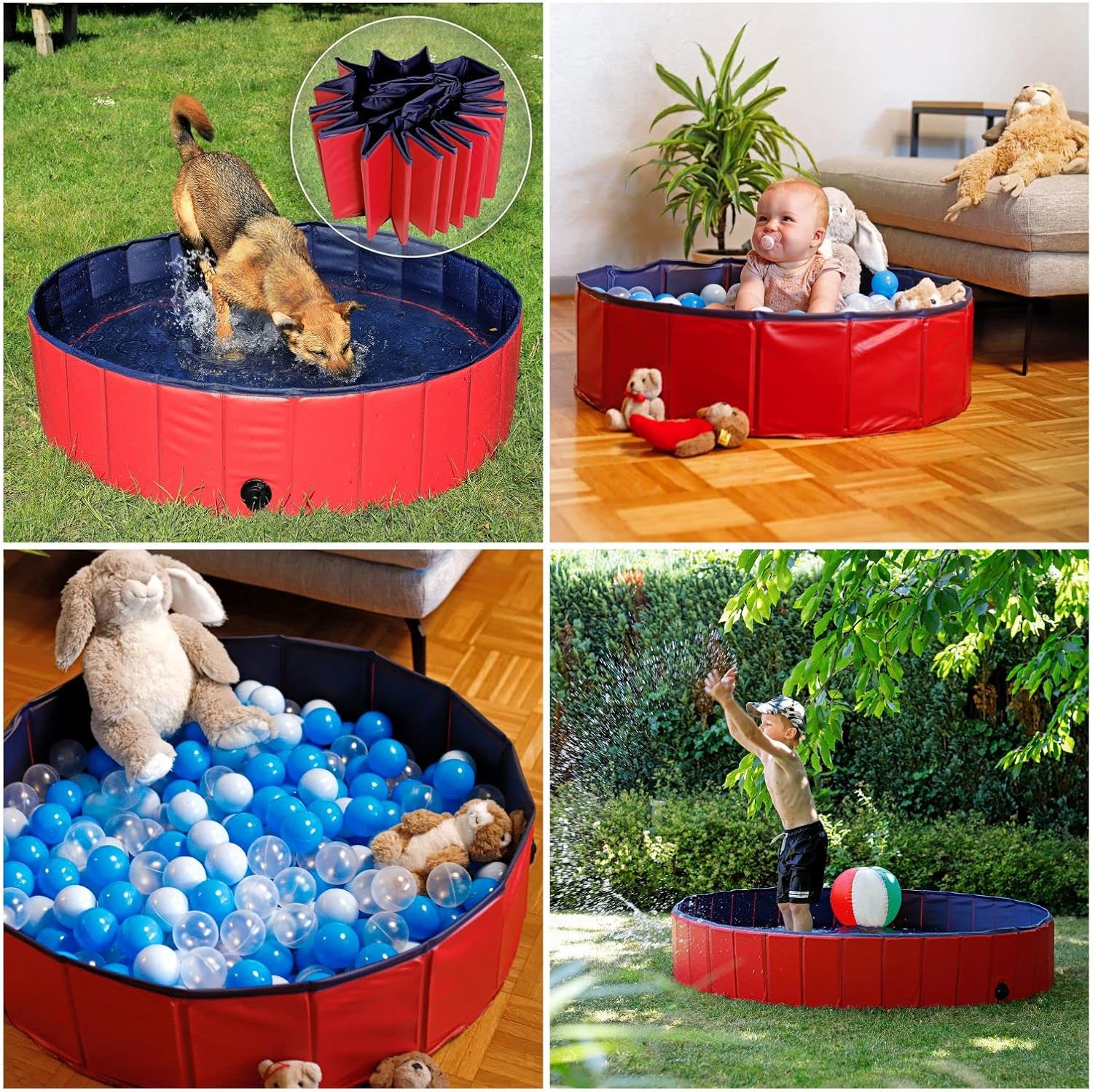 lionto Piscine Pliable pour Chien en PVC résistant aux griffures, Ø 120 cm, Hauteur 30 cm, revêtement antidérapant et Bouchon pour vidage sans Pompe, Piscine Robuste pour Enfants, Bleu/Rouge