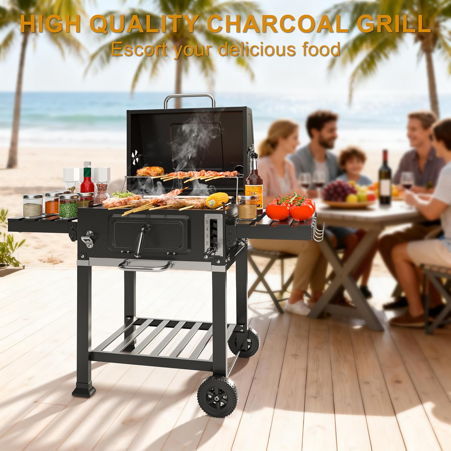 Teeno - Barbecue XXL charbon, thermomètre, fumage, grille chauffante