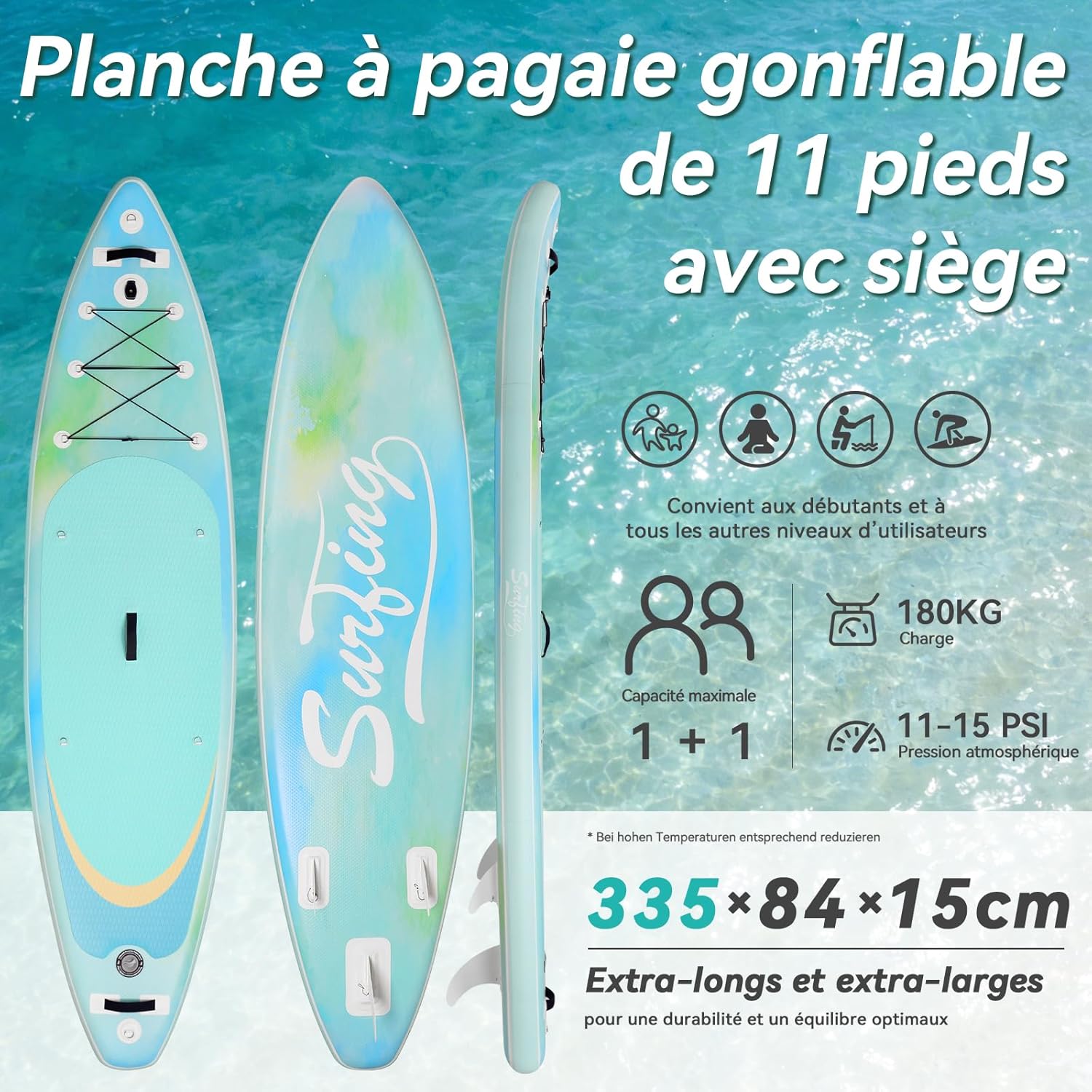 YU YUSING - paddle gonflable adulte - 320/335cm - 2 places, siège kayak, pagaie alu, support caméra, pompe, 150 kg