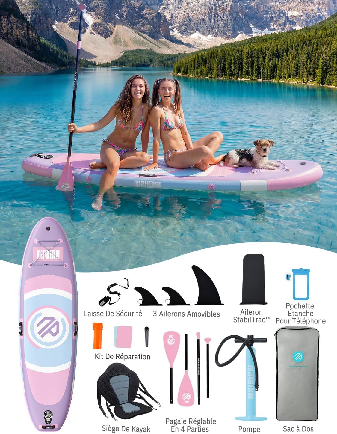 Niphean - Paddle Gonflable Adulte Ultraléger avec siège - 320 cm - Aileron StabilTrac, antidérapant, yoga, animaux