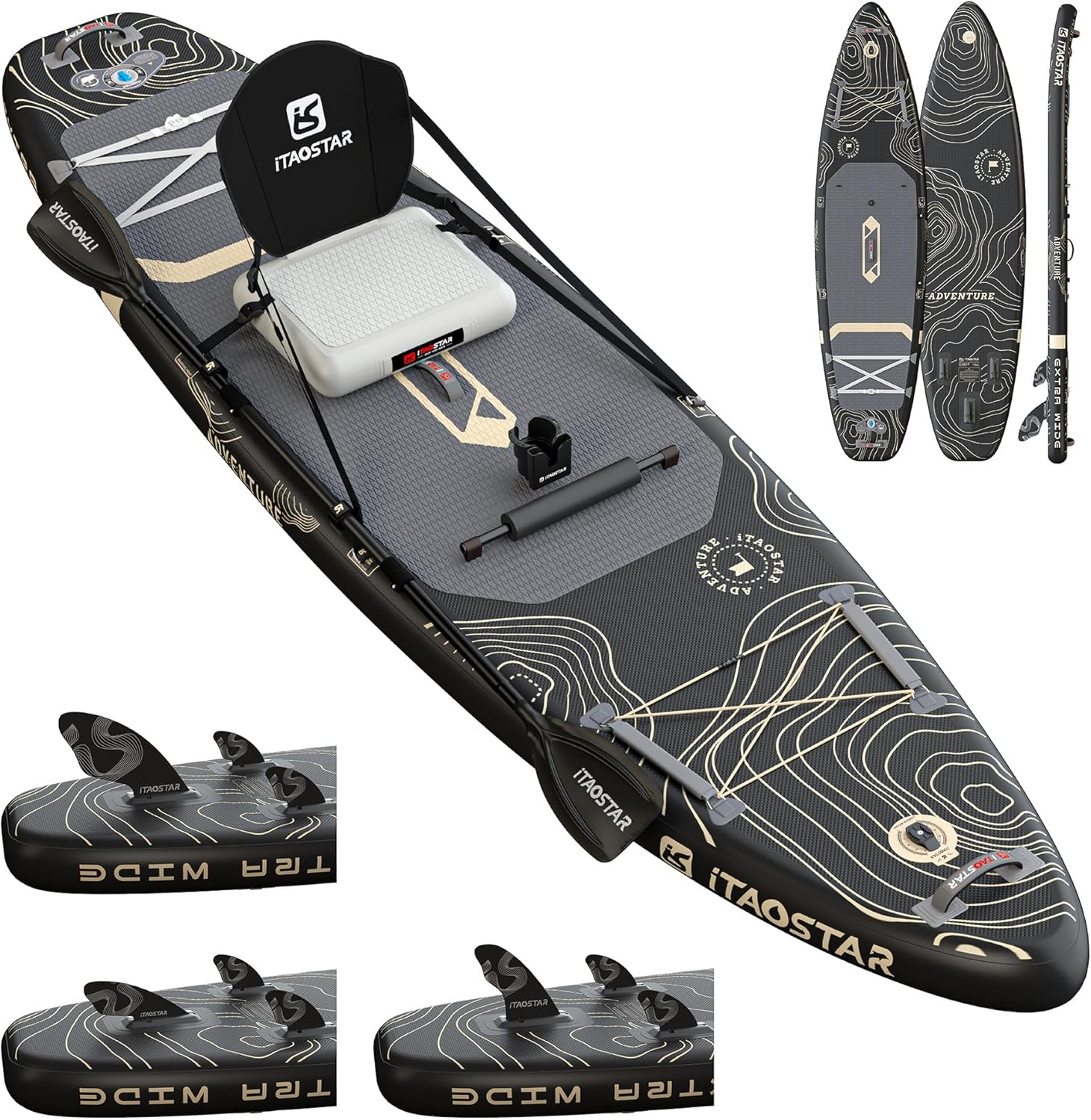 iTAOSTAR Adventure 365×88cm Planche de Paddle Extra Large avec siège, Accessoires Sup Haut de Gamme Tout-en-Un, 5 ailerons sur Mesure, Planches de Paddle gonflables Stables pour Adolescents/Adultes Global Recycled Standard