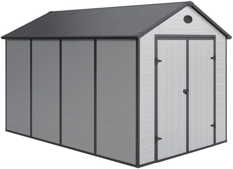 Jôbu - abri de jardin résine gris 8,9m², double pente, kit fondation