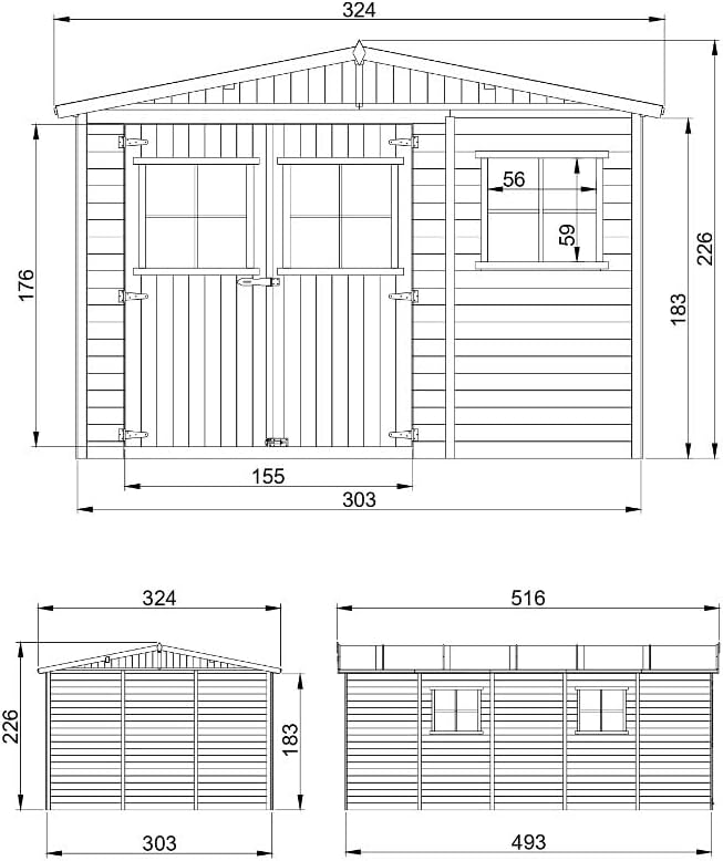 ABRI de Jardin en Bois Exterieur avec Les PLANCHERS IMPRÉGNÉ - Chalet en Pin/épicéa- H226x324x516 cm/15 m²- Construction de Panneaux- Rangement pour vélos, Remise à Outils- TIMBELA M337+M337G