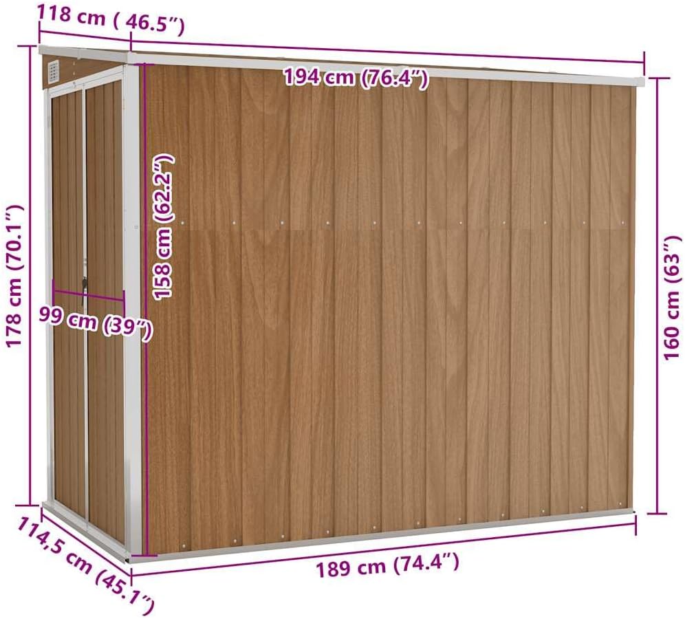 Générique Abri de Jardin Mural Marron 118x194x178 cm Acier galvanisé, Maison & Jardin, Pelouses & Jardins, Vie en extérieur, Structures extérieures, Cabanes & abris de Jardin, Brun, (Poids 31.54KG)
