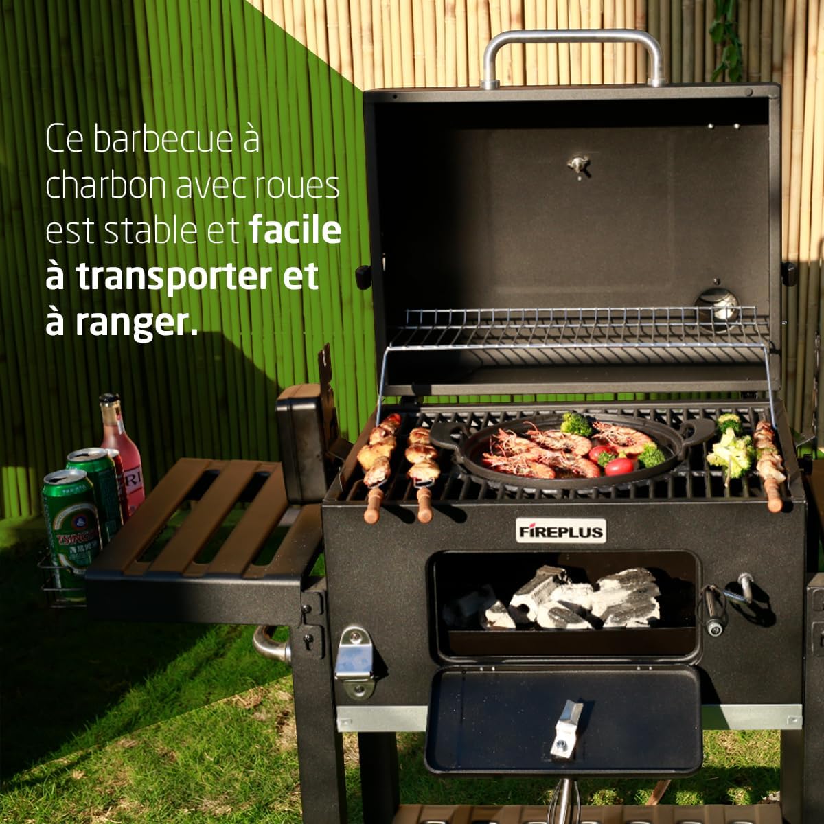 Amig - Fireplus Barbecue - 116,5x13,1x56cm - charbon, roues, plateaux, ventilation
