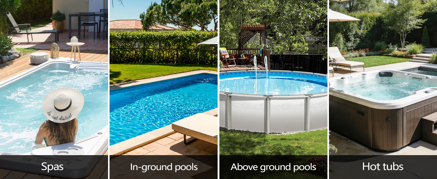 Le texte indique « Spas », « Piscines enterrées », « Piscines hors sol », « Bains à remous ». Collage montrant diverses installations de piscines et de spas en extérieur avec de l'eau bleue et des aménagements paysagers.