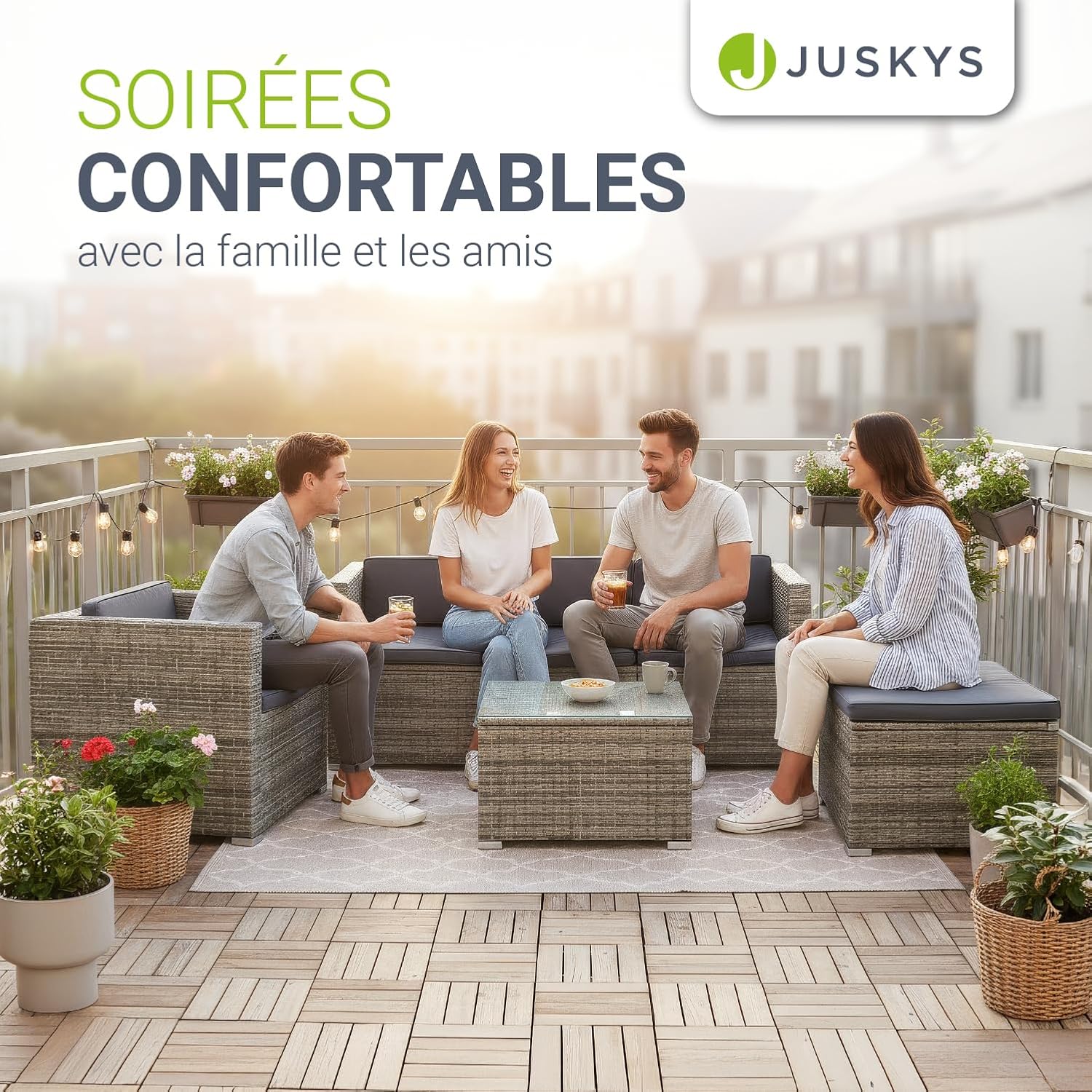 Juskys - Punta Cana L - salon de jardin polyrotin, 4-5 pers., gris, résistant