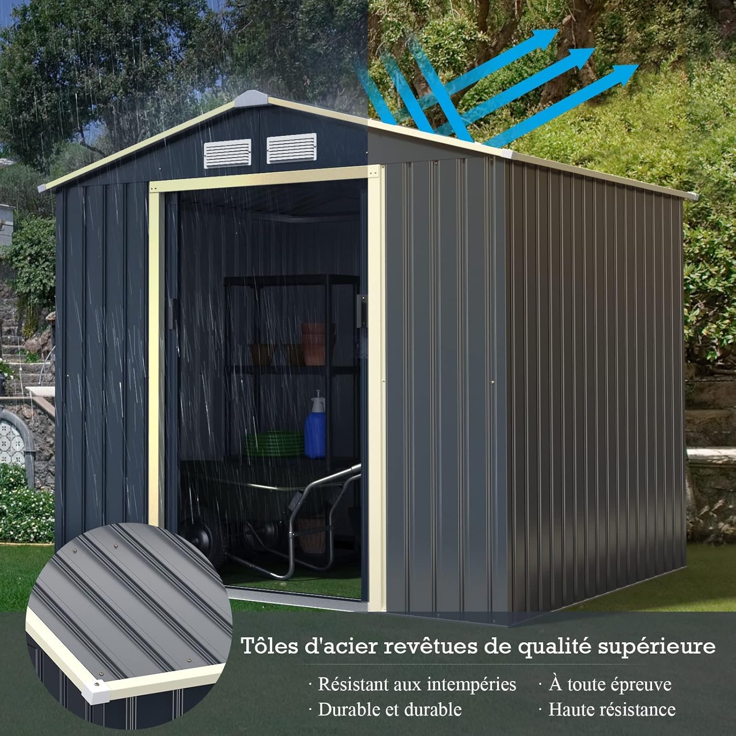 GOPLUS 3,73㎡ Abri de Jardin Métal Galvanisé, Cabine de Jardin Extérieur Portes Coulissantes, Résistant aux Intempérie, Cabane de Rangement Outils, 213 x 191 x 195 cm, Gris