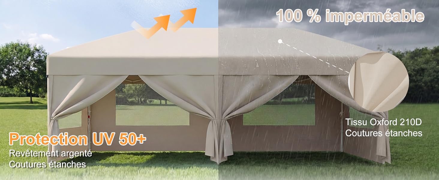 Le texte indique « 100 % imperméable », « Protección UV 50+ » et « Instalación Fácil ». Grande tente escamotable blanche avec protection UV exposée à l'extérieur sur l'herbe, vue d'un angle latéral illustrant la structure et la configuration de la canopée.