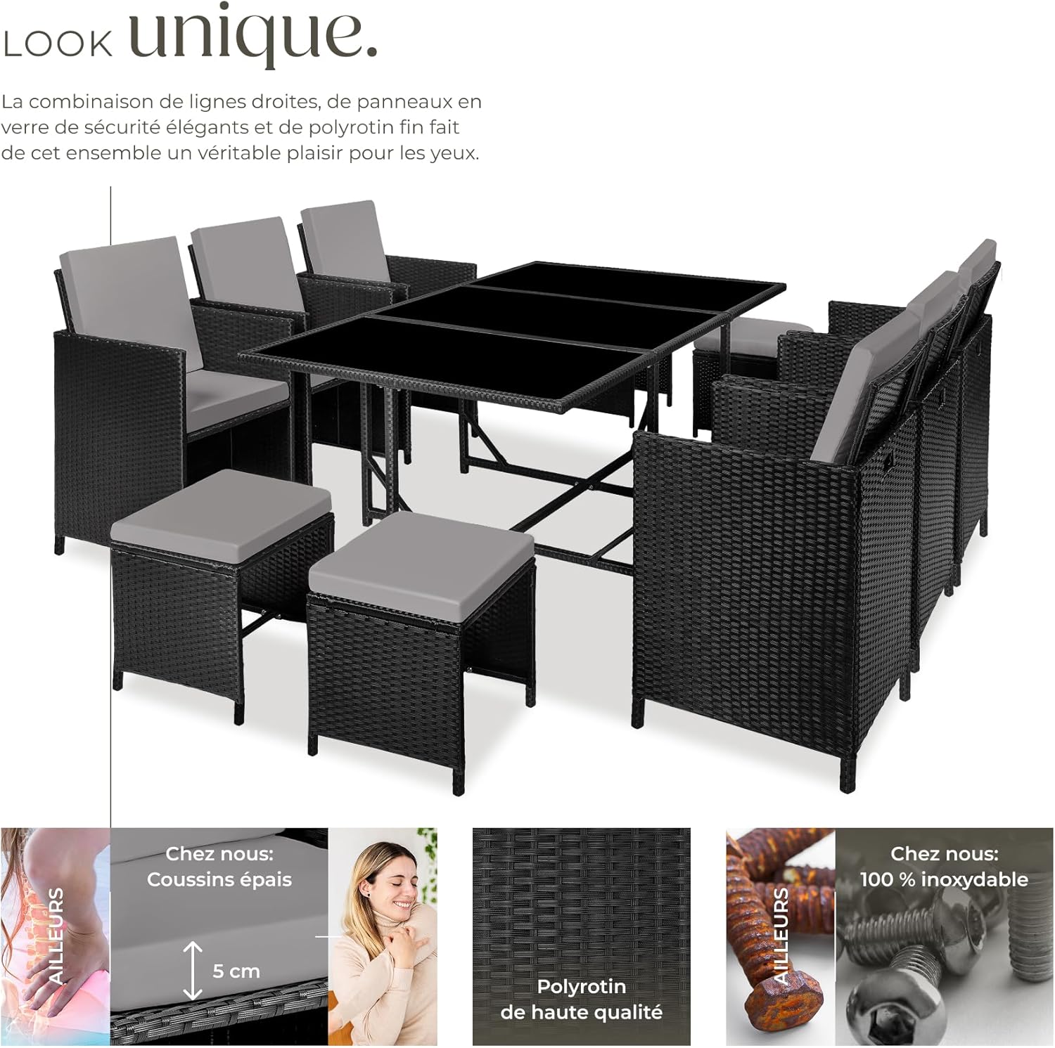 tectake - Salon de jardin polyrotin 10 pers, 6 fauteuils, 4 poufs, housse