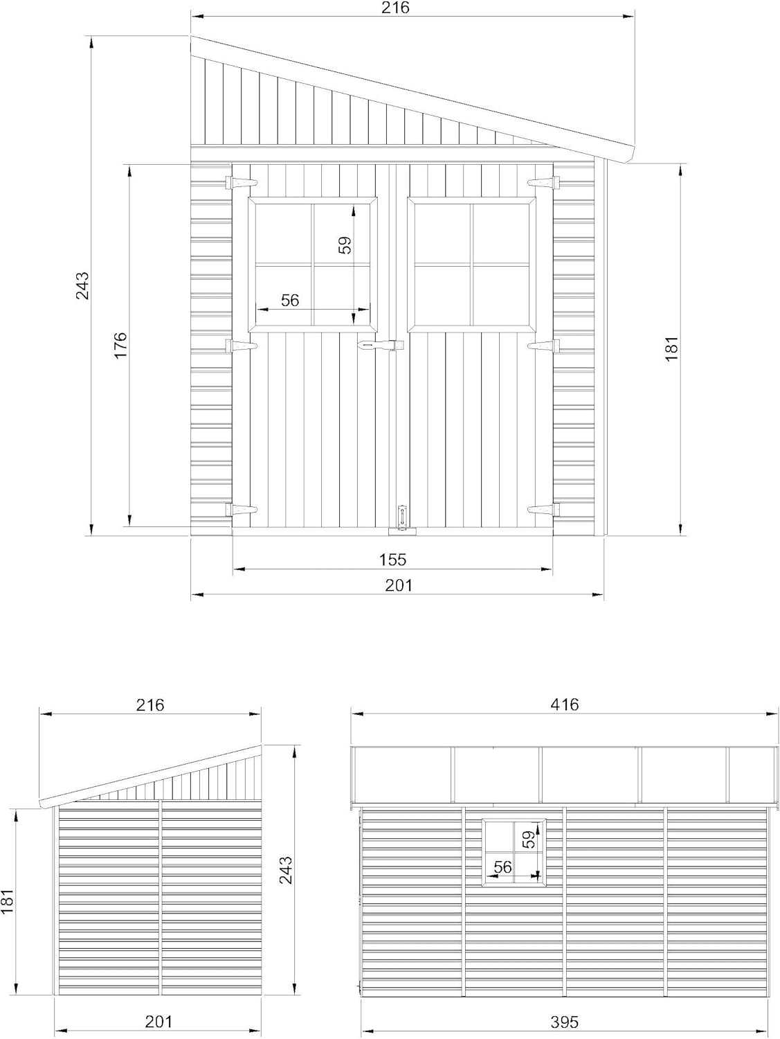 TIMBELA M340+M340G Abri de Jardin en Bois Naturel (sans paroi latérale) Plus Les PLANCHERS IMPRÉGNÉ- Stockage extérieur avec fenêtres- H243x216x416 cm/8 m2 - Atelier Rangement Outils et vélos