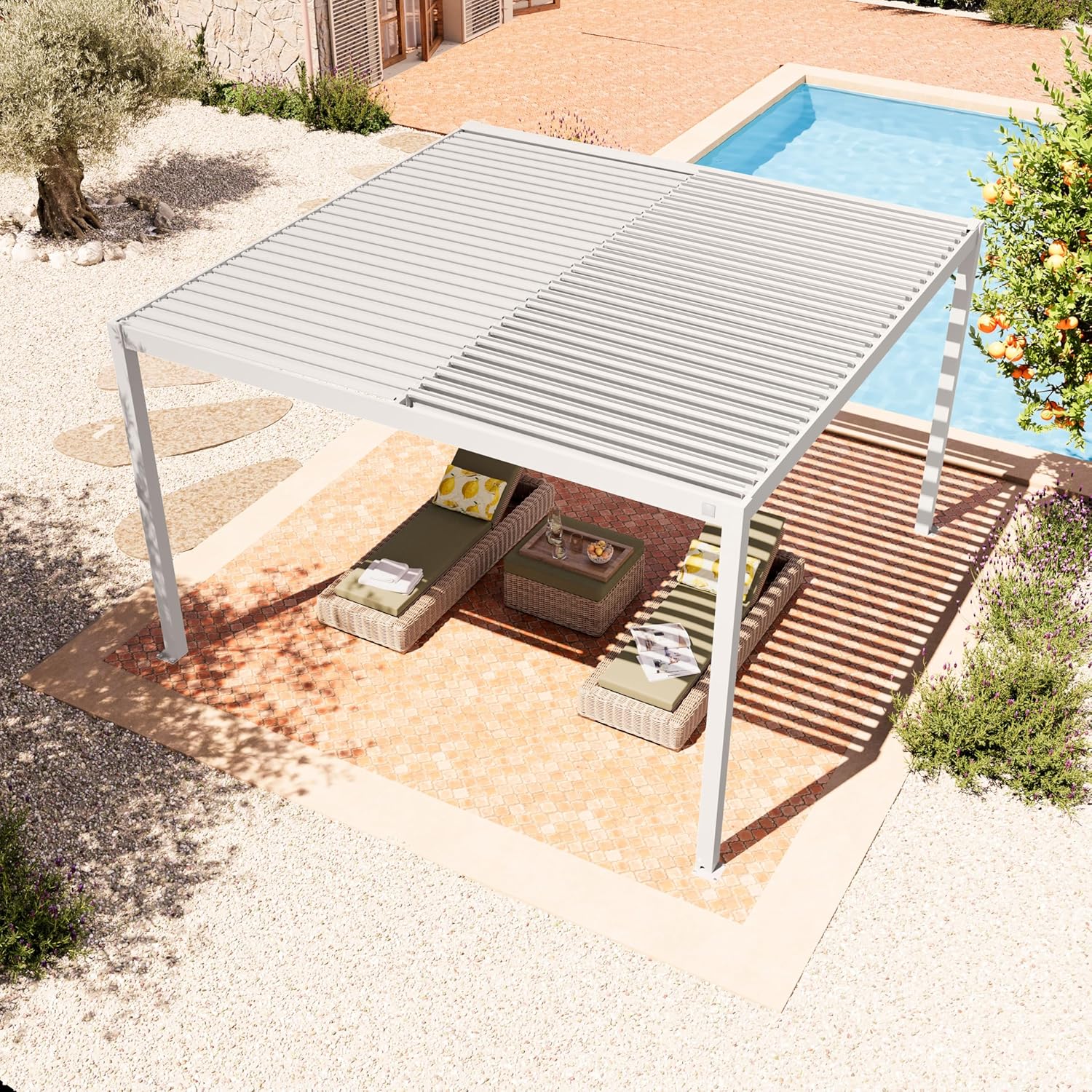 PRIMEYARD - Pergola série pavillon - 4x4 m - aluminium blanc, lames acier orientables