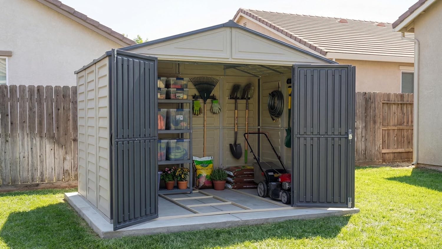 Abri de jardin Duramax WoodBridge II PLUS - 10.5 x 8 (7.64 m²) - Plastique, kit fondation, 2 fenêtres, toit métal, sans 
