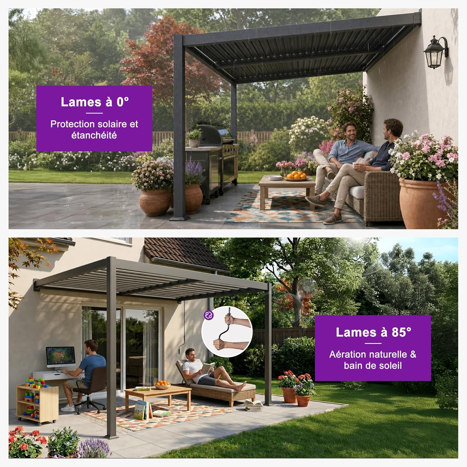 PURPLE LEAF - Pergola bioclimatique adossée - 3x4,25m - aluminium, lames orientables, résistante UV et pluie