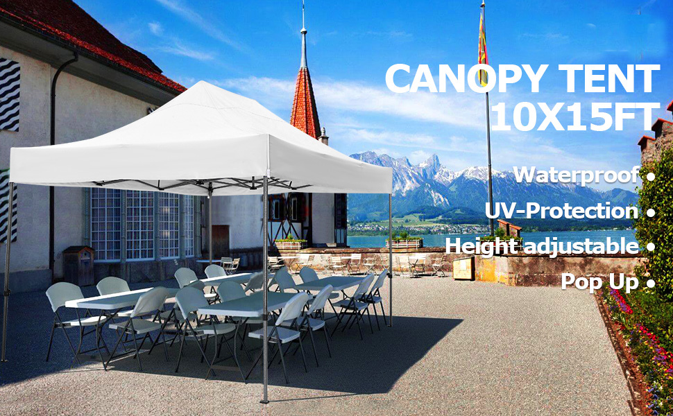 Tente à baldaquin escamotable blanche de 10 x 15 pieds installée à l'extérieur avec des montagnes en arrière-plan, recouvrant des tables et des chaises sur un patio. Dispose d'une protection imperméable et anti-UV.