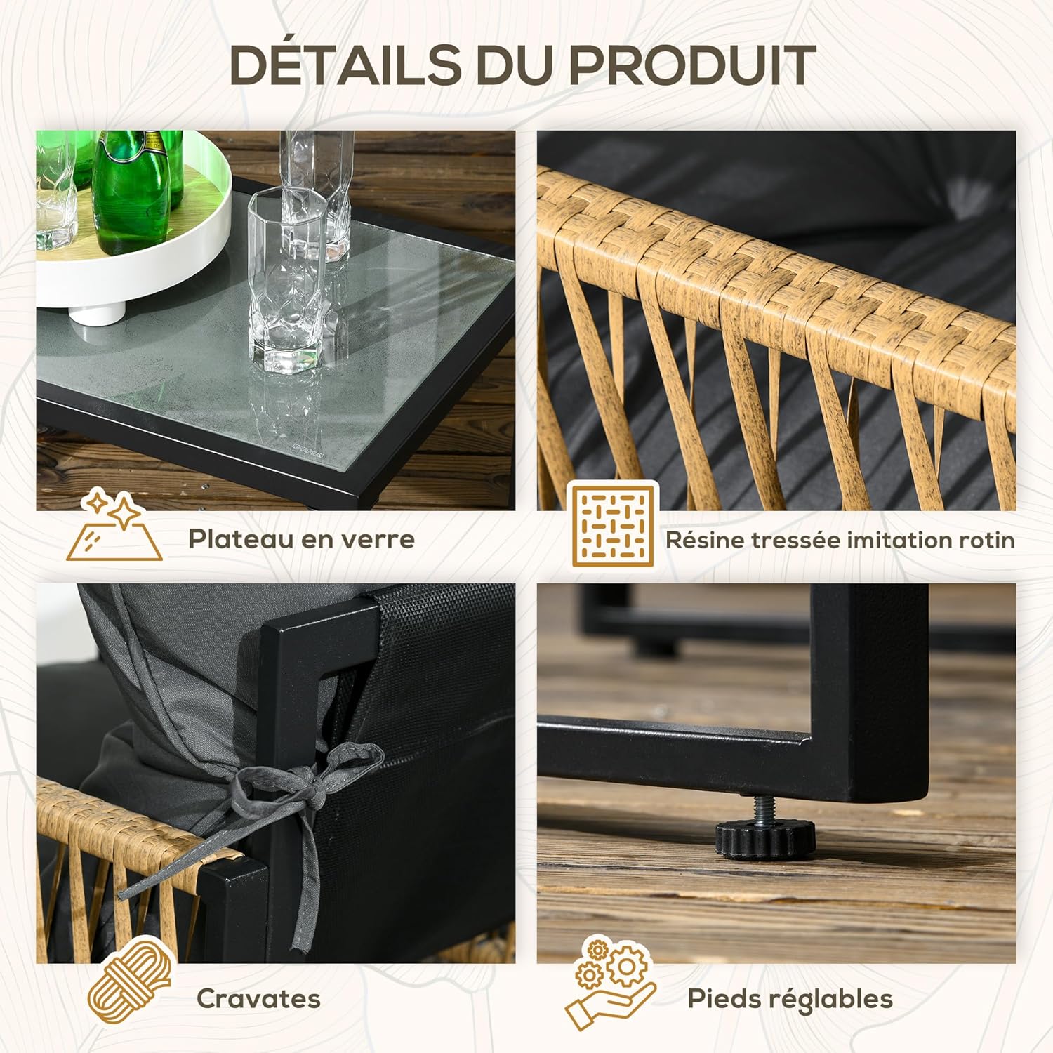 Outsunny - Salon extérieur 4 pièces, canapé 2 places, coussins gris, acier/résine, plateau en verre
