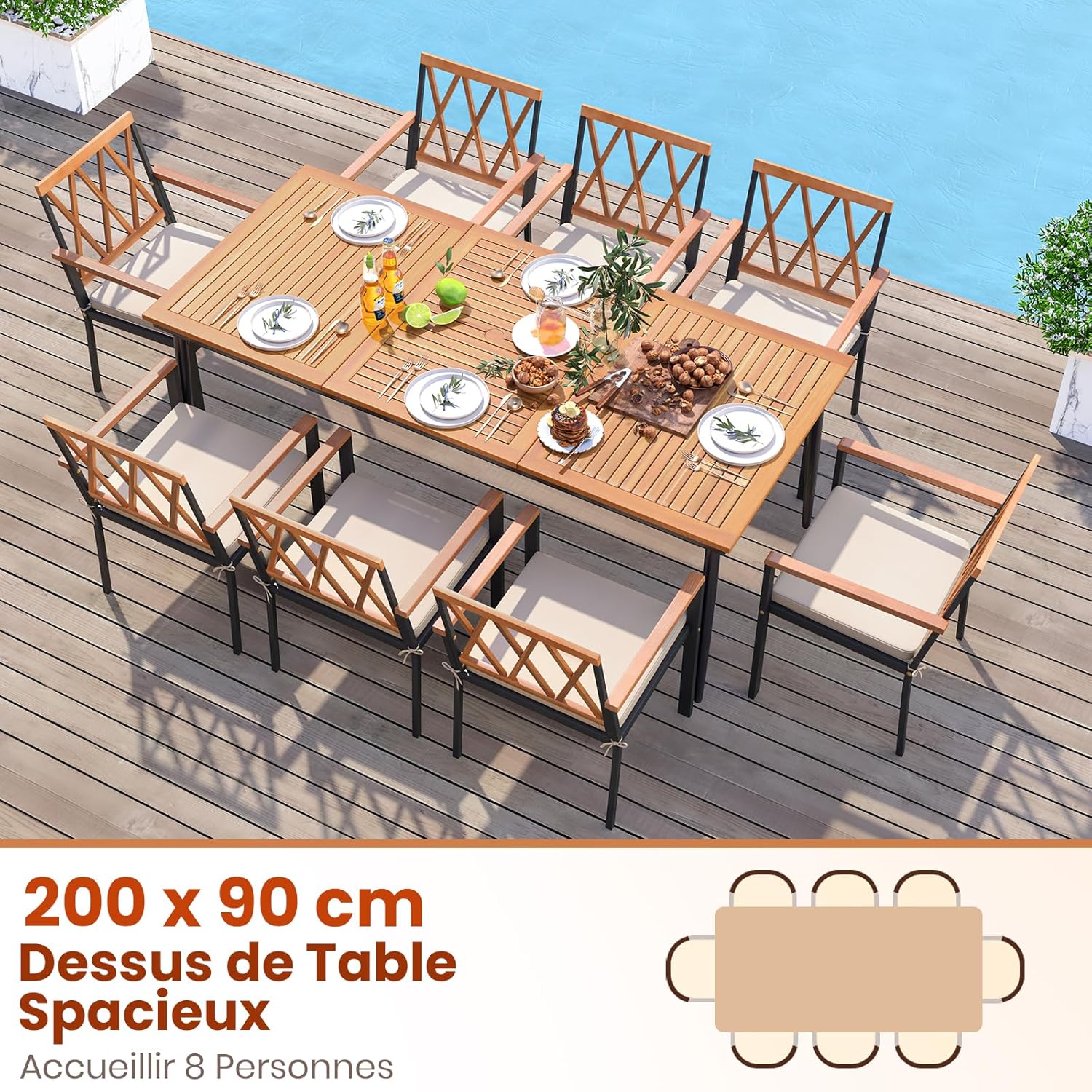GOPLUS - Table de jardin 8 personnes - 190x90cm - bois acacia, trou parasol 5cm, pieds métal, charge 75kg