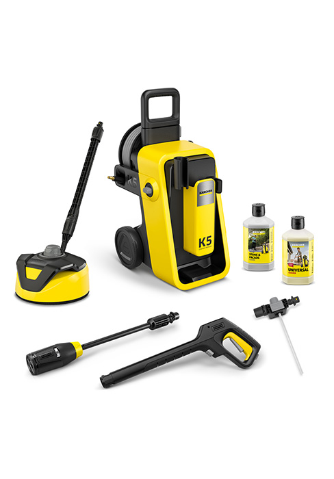 Image identique à la Figure 6 - Affichage de l'équipement de nettoyage etevila montrant le nettoyeur haute pression et ses accessoires dans une palette de couleurs jaune et noir.