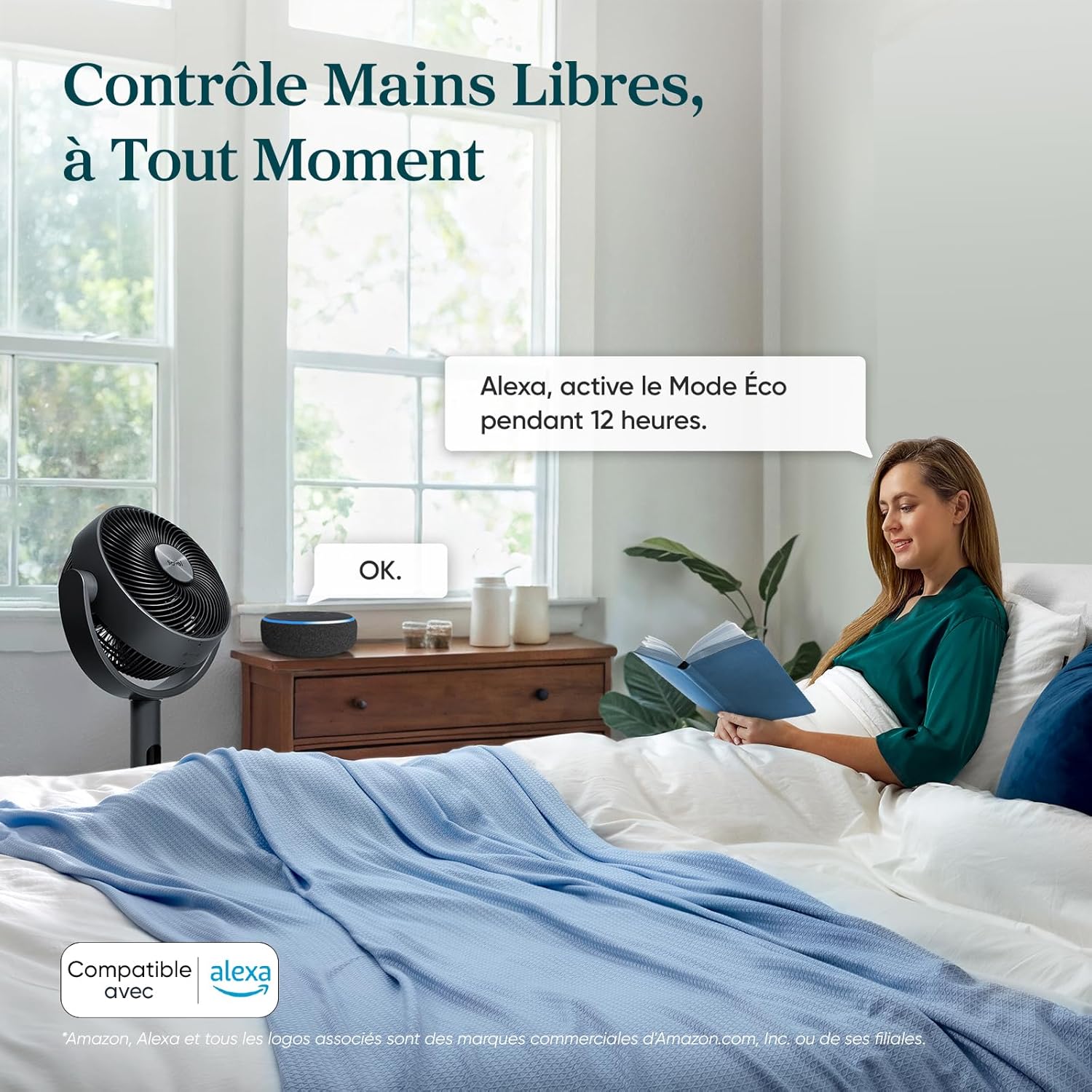 LEVOIT Ventilateur sur pied intelligent silencieux 20 dB, moteur DC, faible consommation avec Wi-Fi, 4 modes et 12 vitesses de ventilation, portée d’air de 30 m, minuterie 12 h, oscillation 90° + 120°