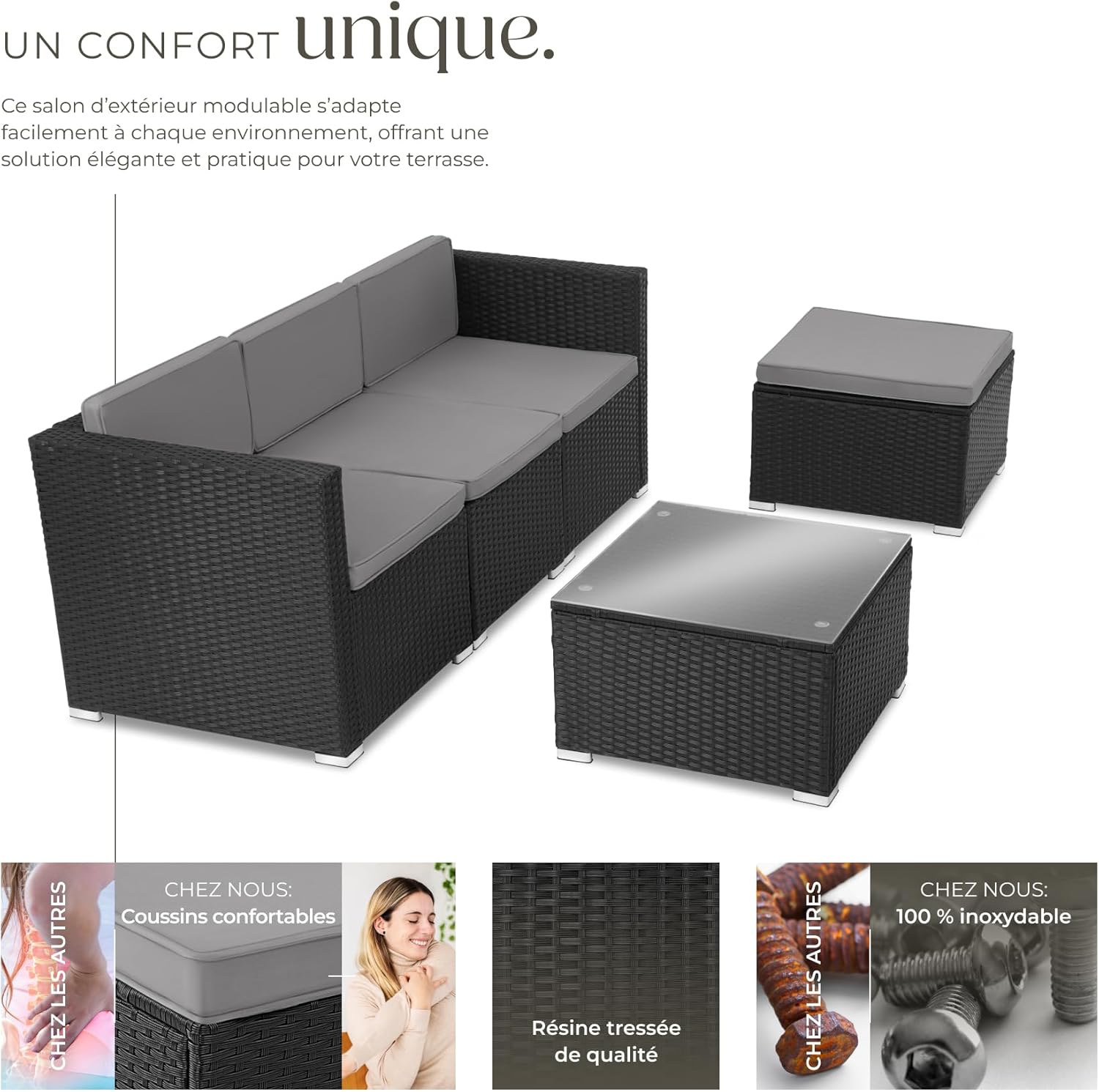 tectake - Salon de jardin modulable 4 places, poly rotin, 3 fauteuils, 1 table, terrasse