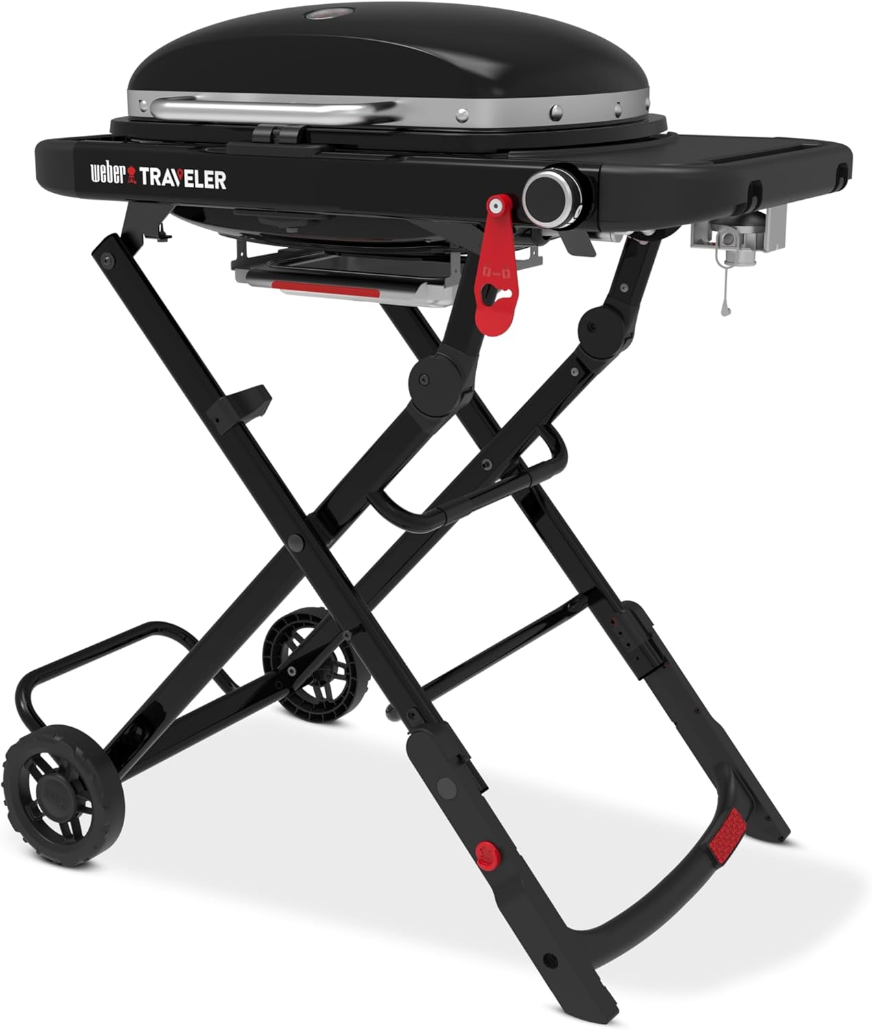 Weber Traveler Compact barbecue à gaz/design pliable et portable avec roues, verrouillage automatique du couvercle et thermomètre intégré, 1 brûleur, surface de cuisson 52 x 36 cm, noir