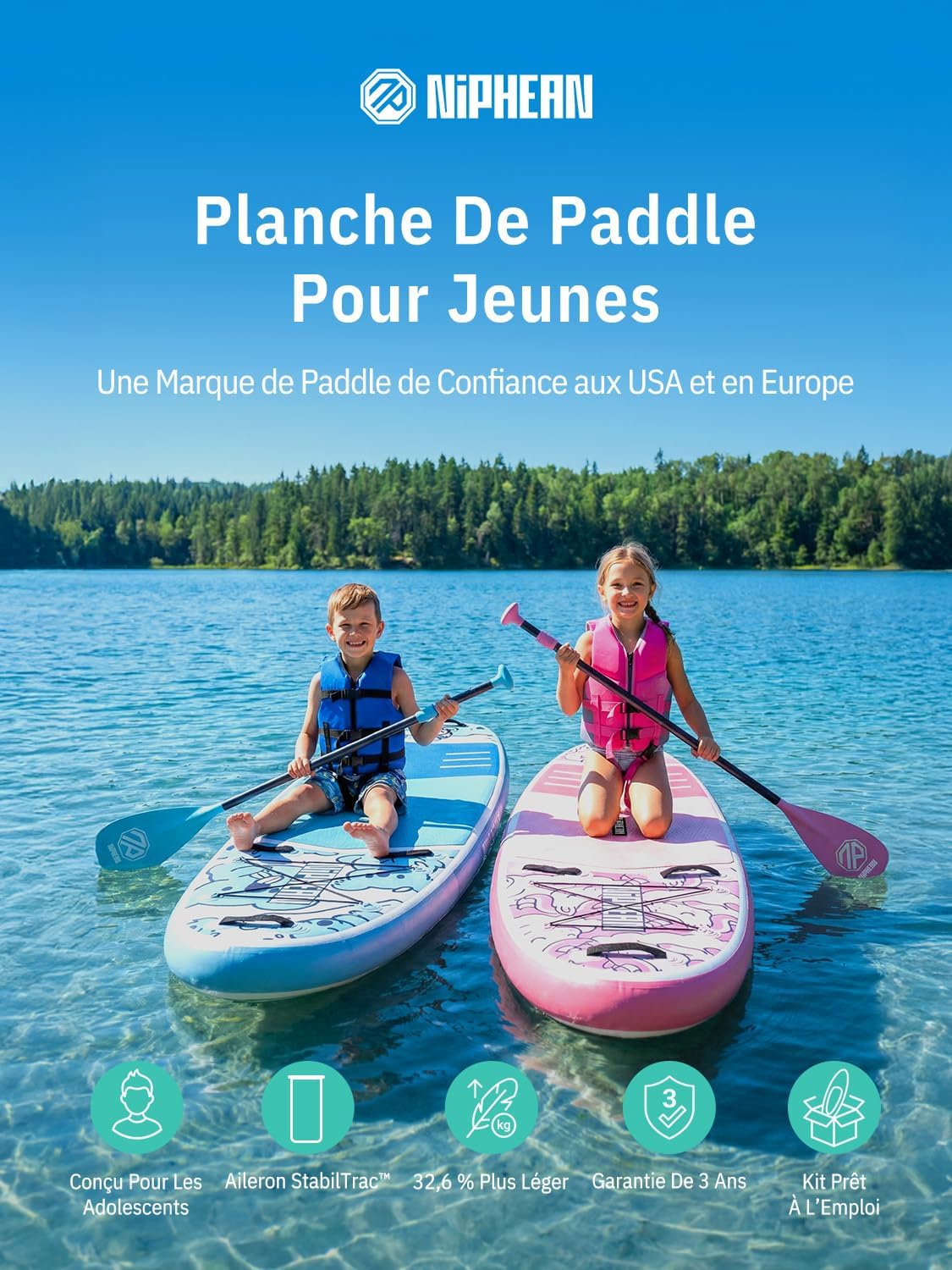 Niphean Paddle Gonflable Adulte avec Tous Les Accessoires, 320cm Planches de Stand Up Paddle Gonflables pour Tous Les Niveaux, Sup avec Capacité 200 kg pour 2 Personnes, Paddle Gonflable avec Siège