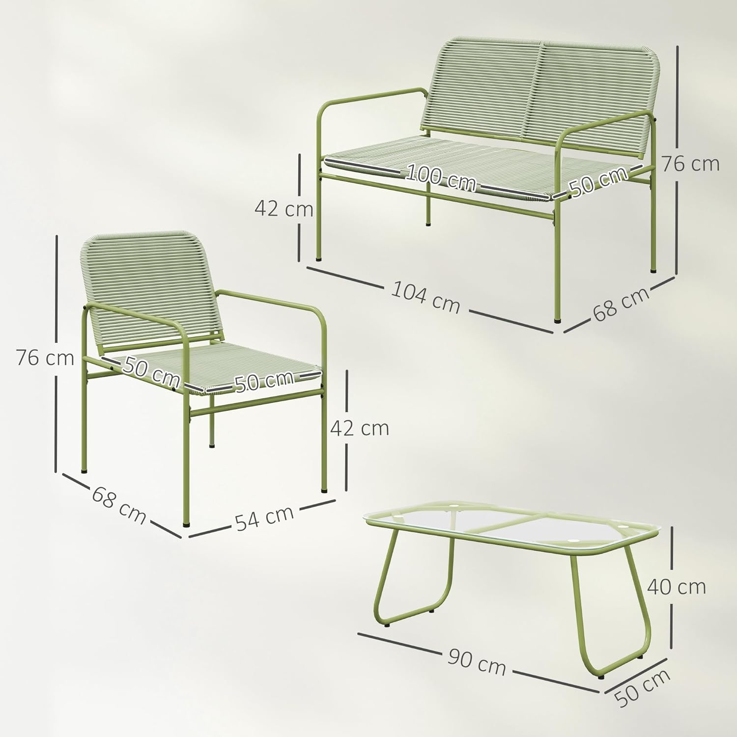 Outsunny - salon de jardin 4 places acier résine vert - canapé, fauteuils, table