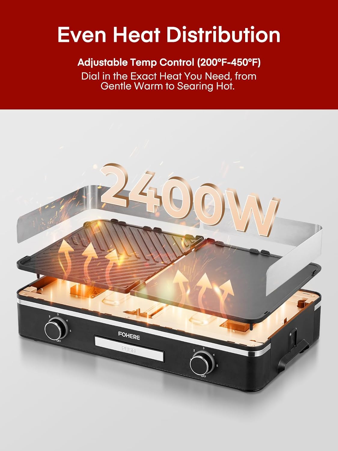 FOHERE - Barbecue de table 2400W - 2 zones, grande plancha antiadhésive