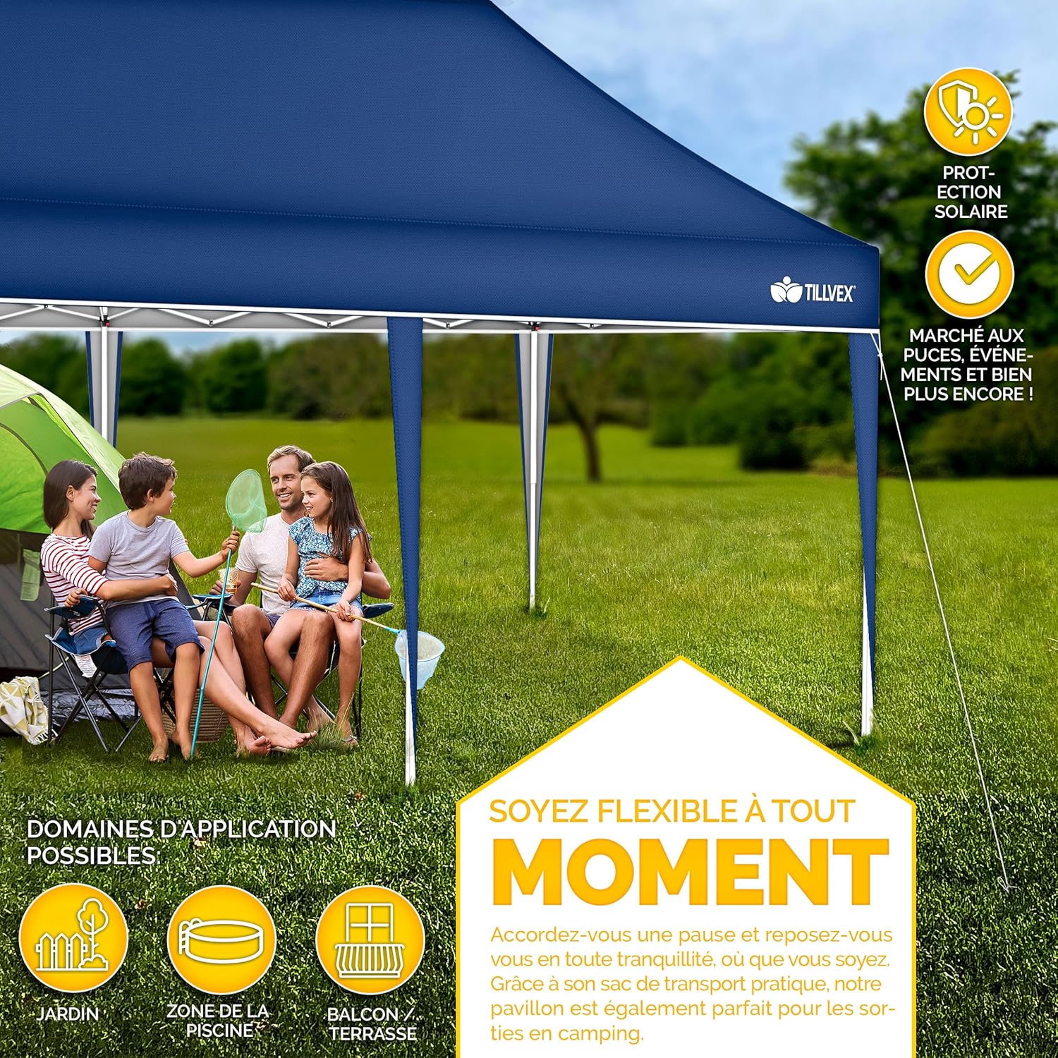 Tillvex - tonnelle pliable 3x6m - étanche, réglable, UV50+, bleu