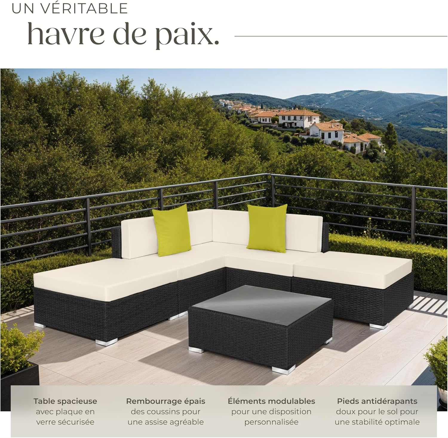 tectake - Salon de jardin XXL modulable - 5 places - poly rotin, table, poufs