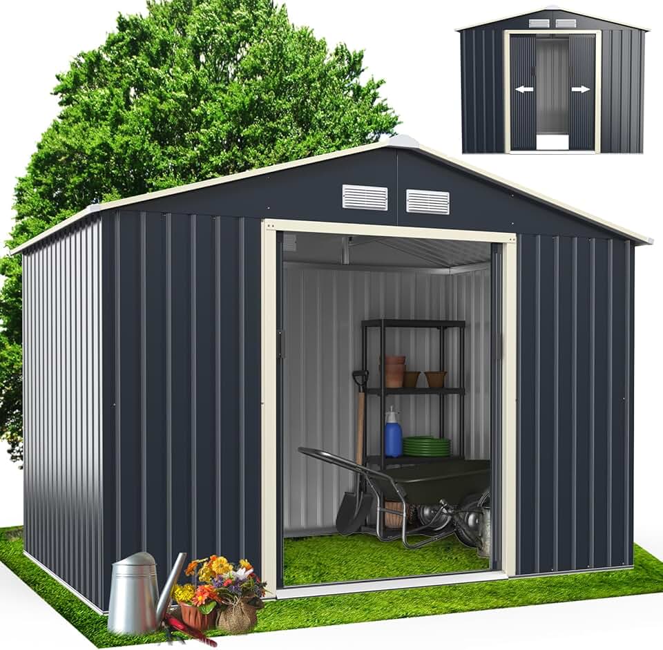 RELAX4LIFE Abri de Jardin Métal 5m2 avec Porte Coulissante Toit en Pente, Cabane de Jardin Extérieur 277x192x202cm Bricolage Rangement Cananon de Jardin résistant aux intempéries