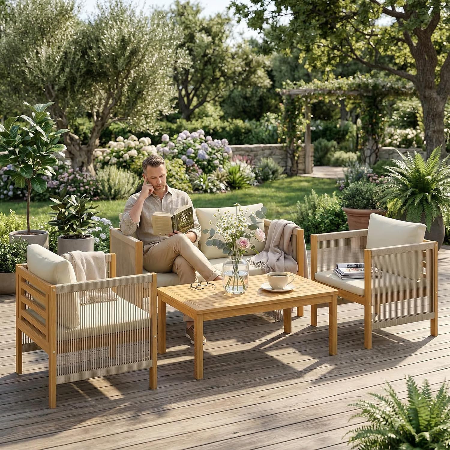 Outsunny - Salon de Jardin en Bois d'Acacia 4 pièces - Canapé, fauteuils, table - Coussins déhoussables, corde tressée, 