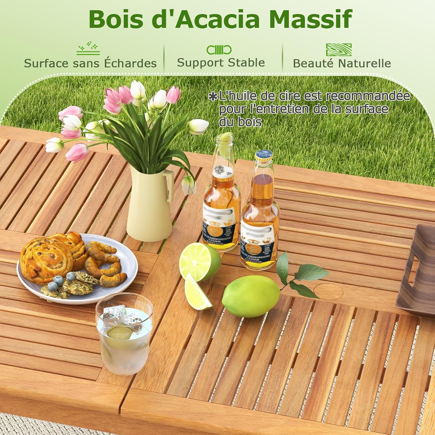 Costway - Table en bois d’Acacia, 170x90 cm, trou pour parasol 5 cm, 6 personnes