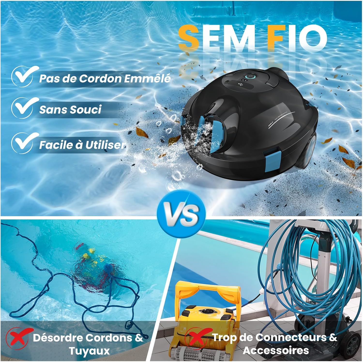 MEDOXA – Robot piscine sans fil, 120 min autonomie, pour 100 m² – Noir