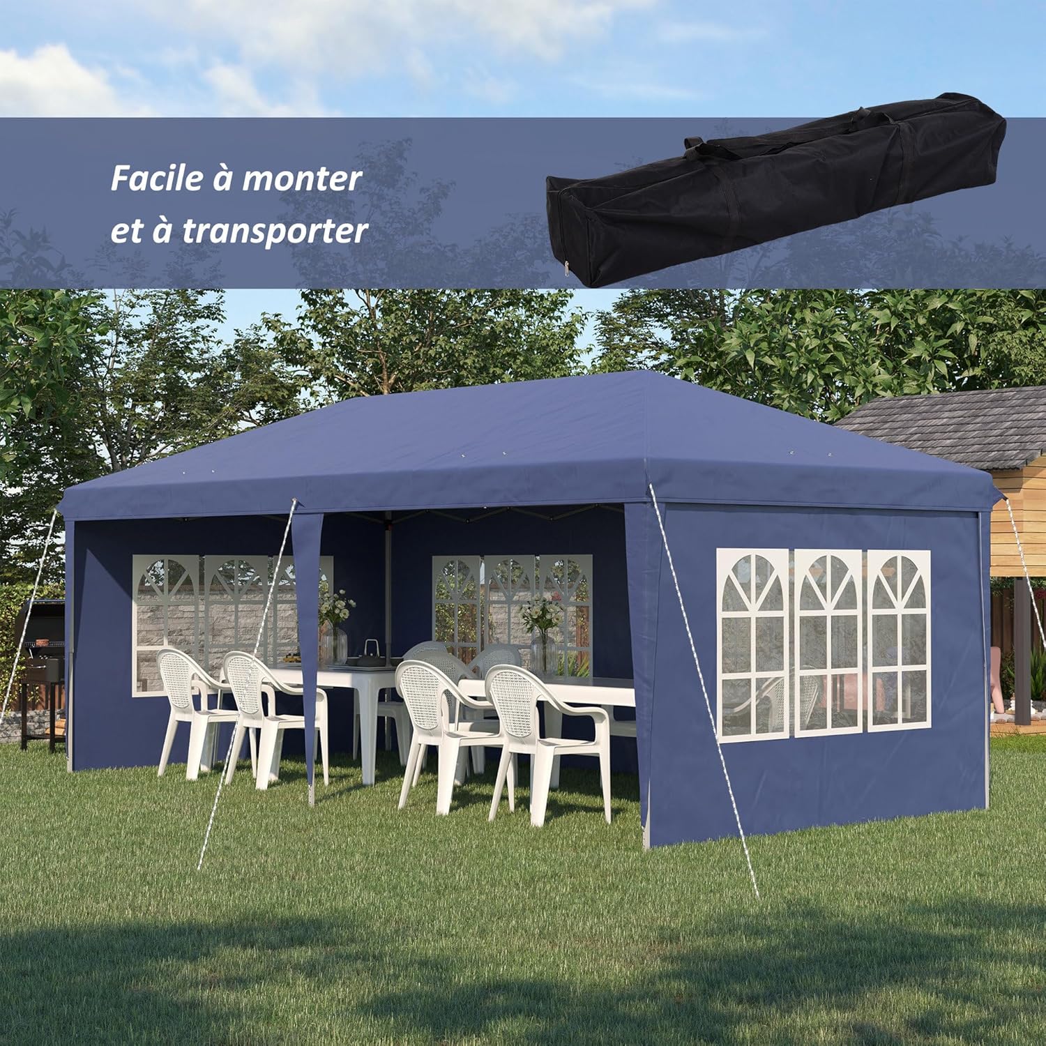 Outsunny – Tonnelle pop-up jardin 3x6 m, 3 côtés, sac transport
