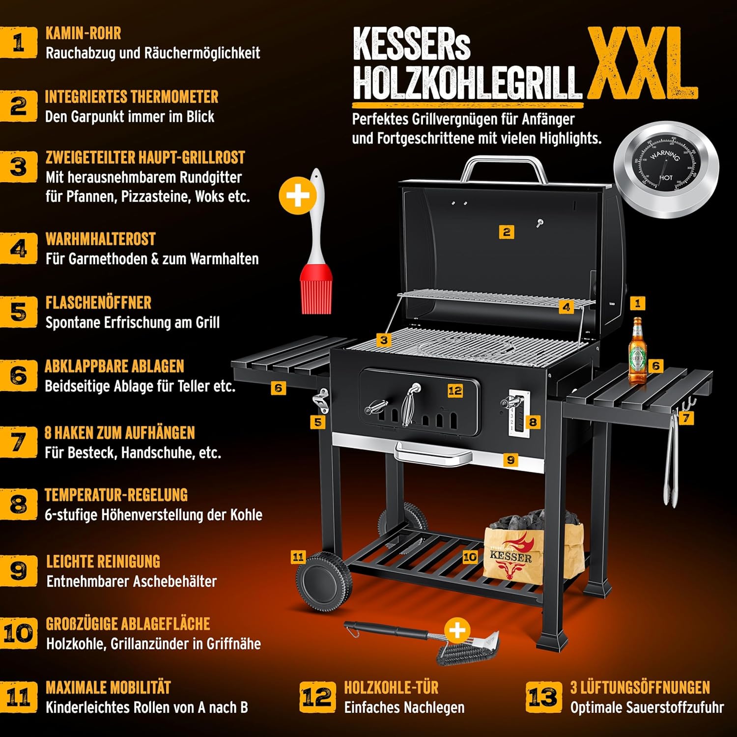KESSER - barbecue charbon XXL - sur pied, thermomètre, 8 brochettes