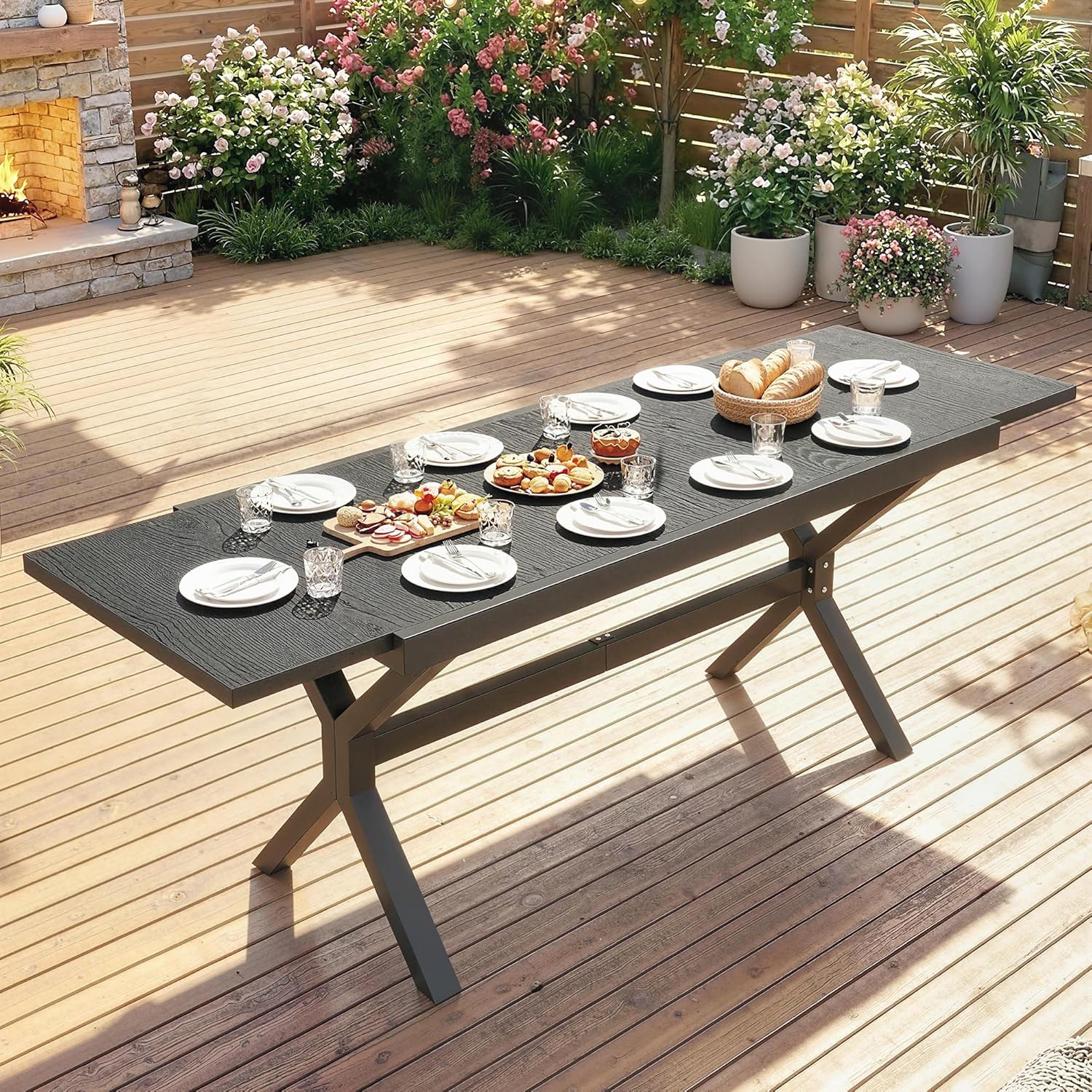 Outsunny - Table Extensible Jardin - 154-214 cm - Alu effet bois, 8-10 pers, pieds réglables, structure X, gris anthraci