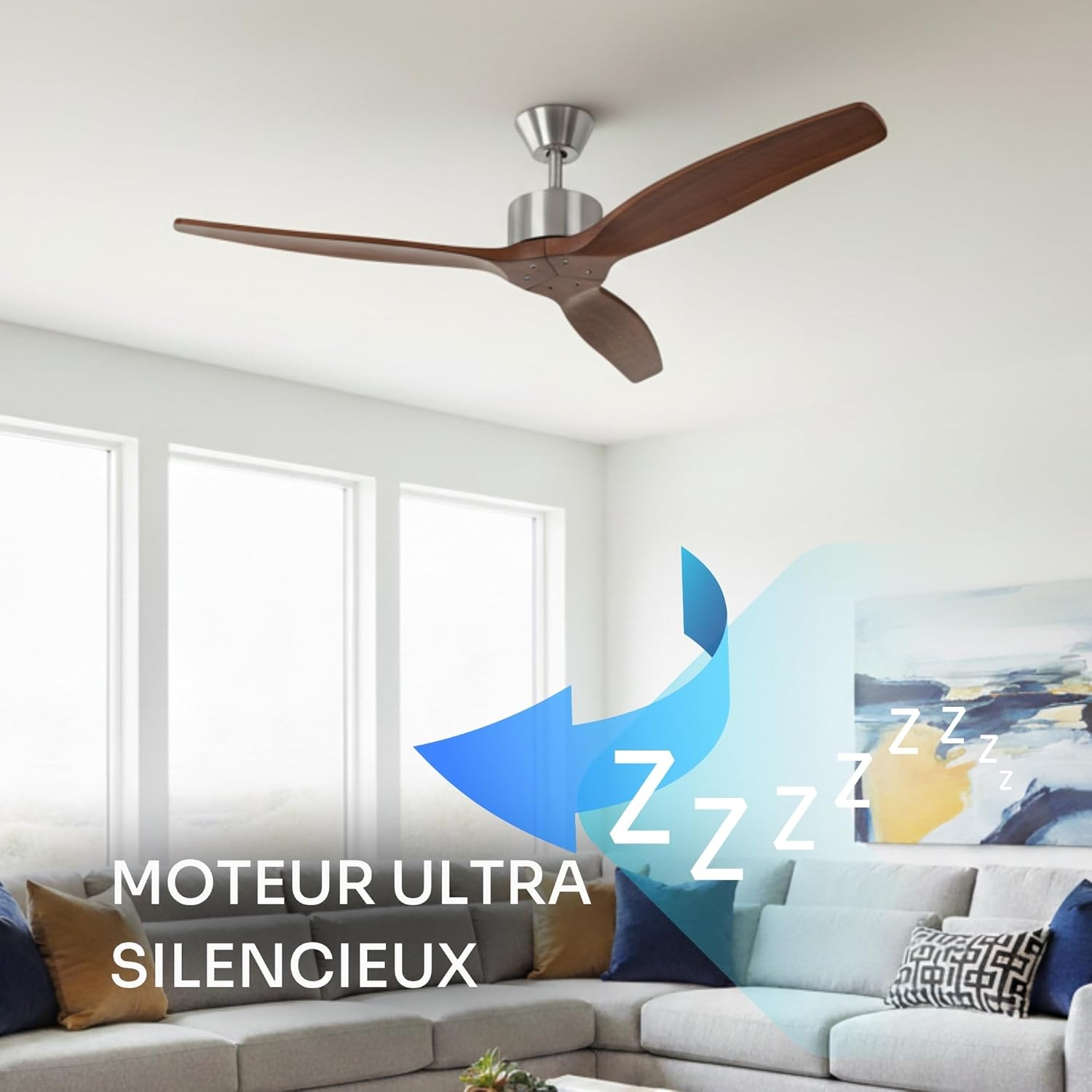 Mellerware - Ventilateur de plafond avec télécommande Brizy! 45W | Puissant | Ultra silencieux | 3 lames | Diamètre 132cm | 6 vitesses | Refroidissement + LED intégrée | Bois foncé