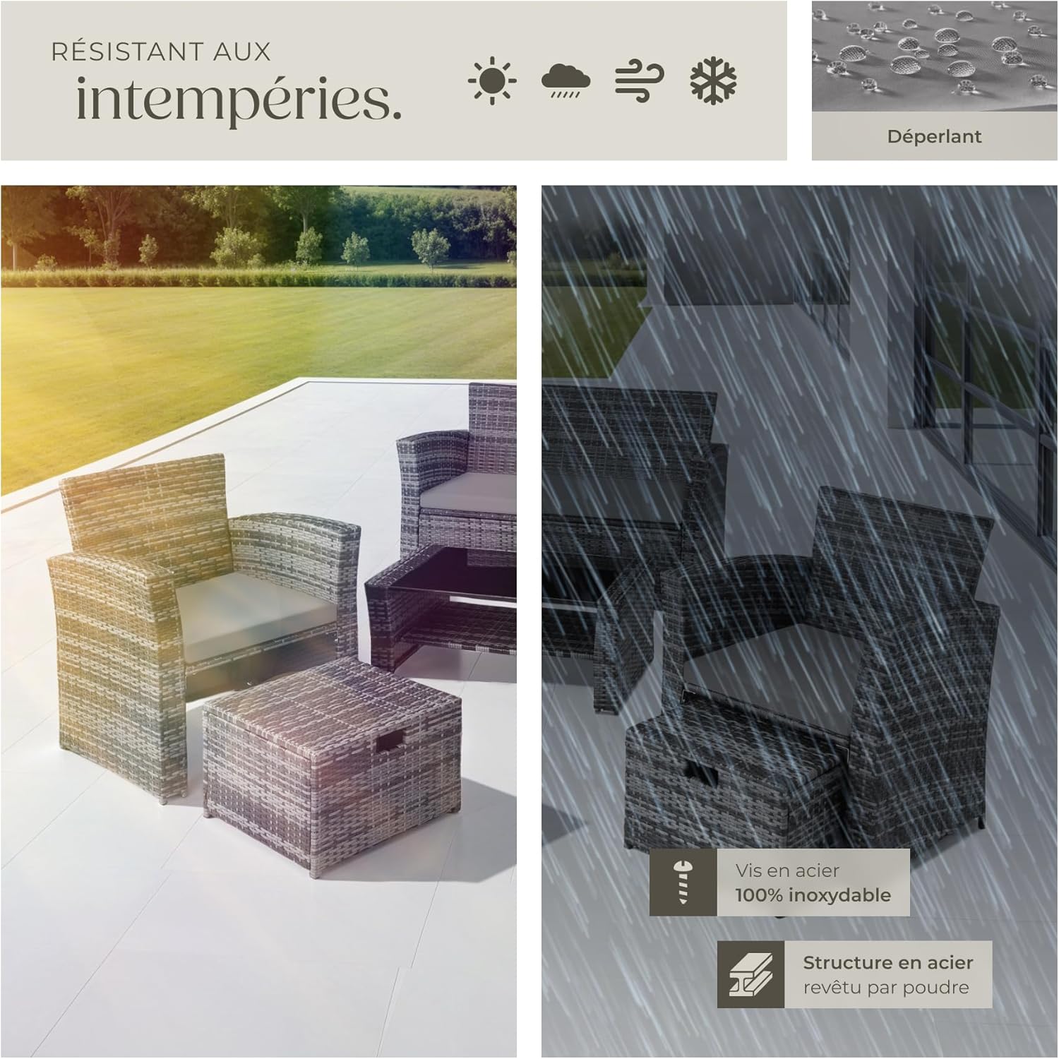 tectake - Salon de jardin polyrotin 6 places, housse incluse, gris