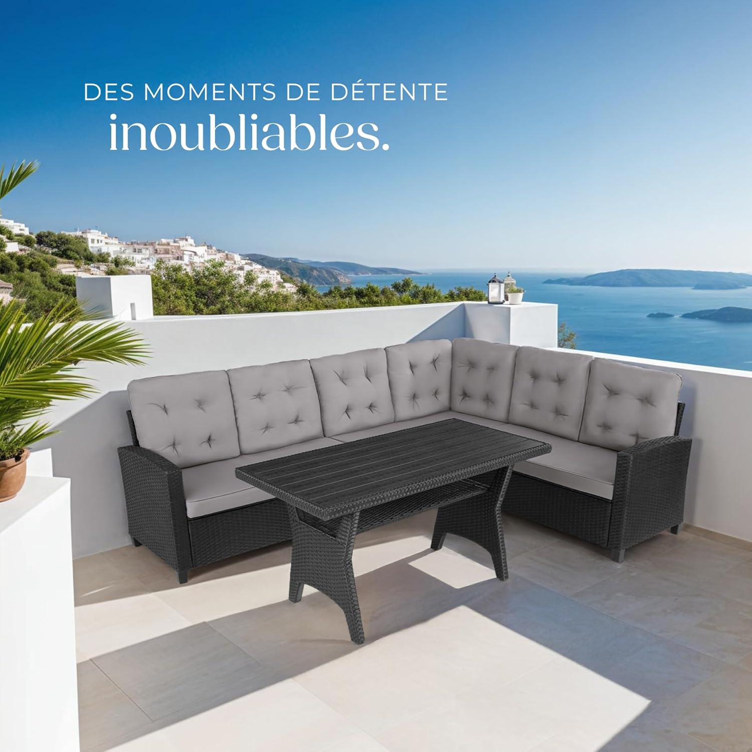 tectake - Ensemble salon de jardin 6 places, poly rotin, canapé spacieux avec table, rembourrage moelleux