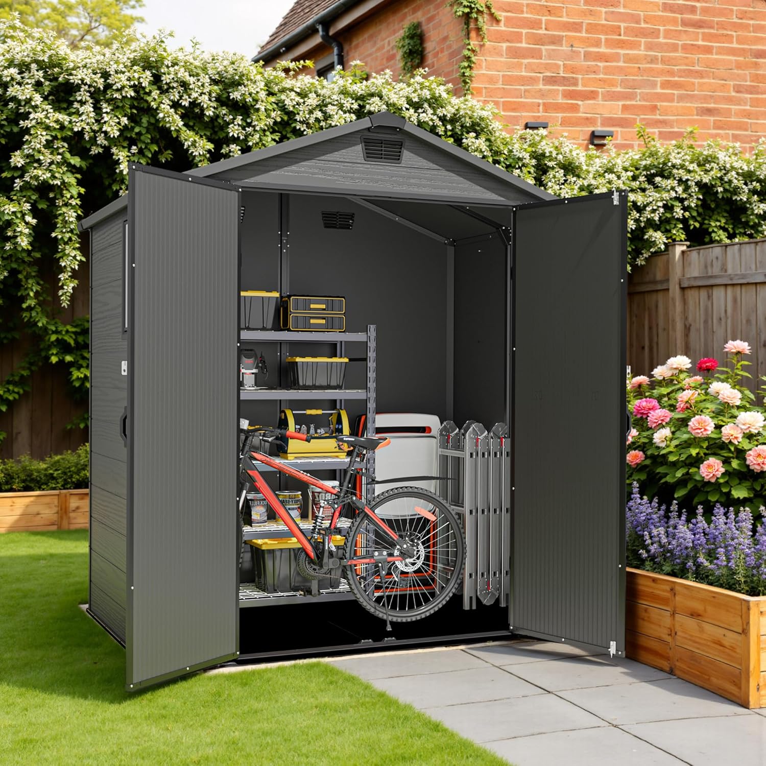 Devoko Abri de jardin extérieur en plastique avec double portes verrouillables et toit en apex – Abri de jardin pour outils de terrasse, abri pour vélo, poubelle – Résistant aux intempéries et à la