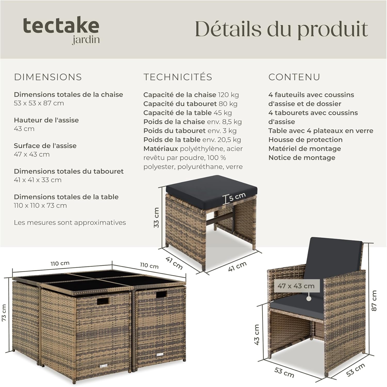 tectake - Salon de jardin polyrotin, 4 chaises, 4 tabourets, table, housse, marron