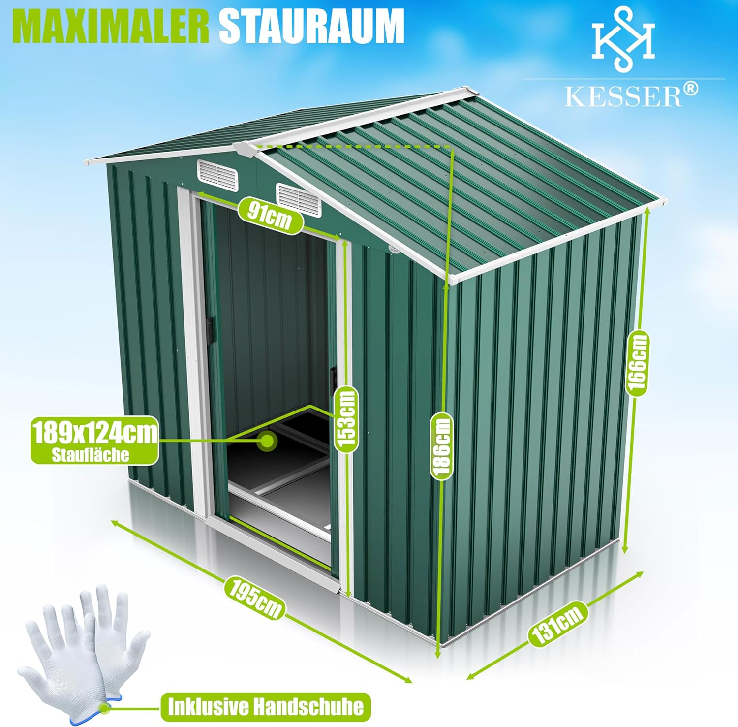 KESSER® Abri de Jardin XL en métal de 4,2 m³ avec Fondation, Gants de Travail, 182 x 118 x 186 cm, 2 Portes coulissantes, Abri à Outils, Armoire, Toit à Pente de Jardin Vert