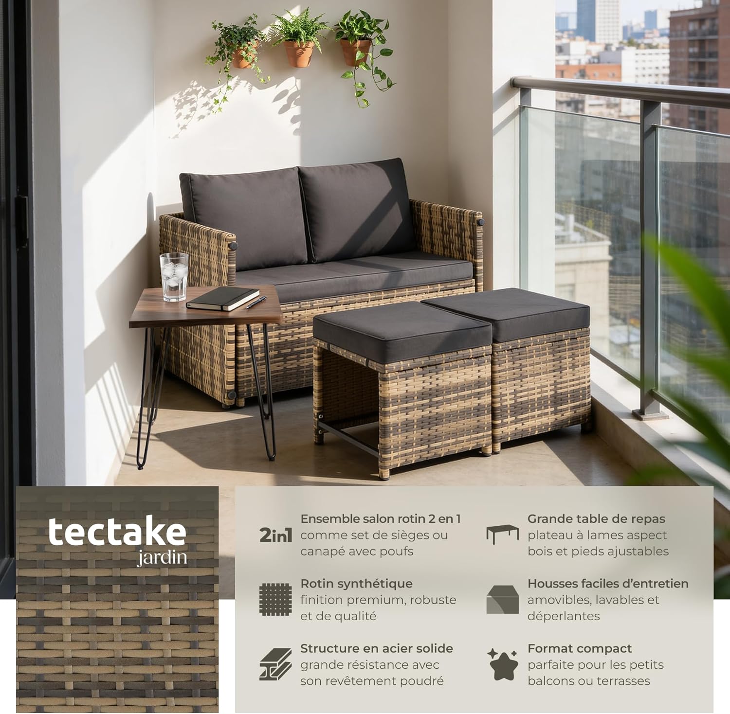 tectake - Salon de jardin modulable 2en1 4 places - canape exterieur, encastrable, table et chaises