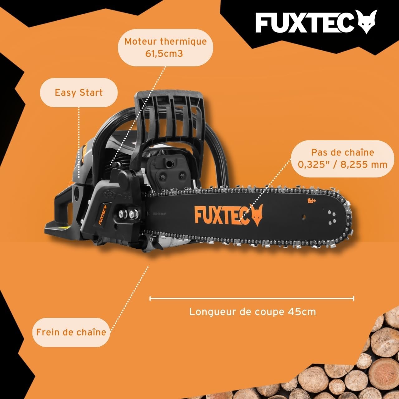 Fuxtec - tronçonneuse thermique 61,5cm³ 2,8kW coupe 45cm FX-KS262