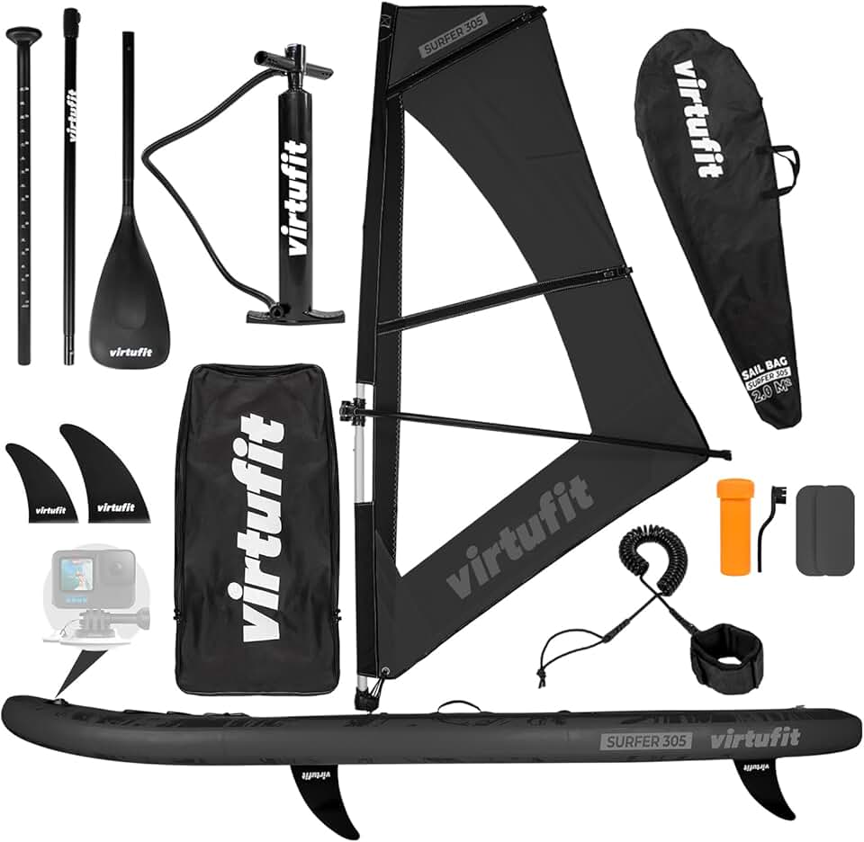 VirtuFit Planche de SUP Surfer 305 gonflable avec voile de planche à voile, planche de stand up paddle noire, accessoires, pagaie, pompe, sac de transport, support GoPro, débutant à avancé, 305 x 81 x